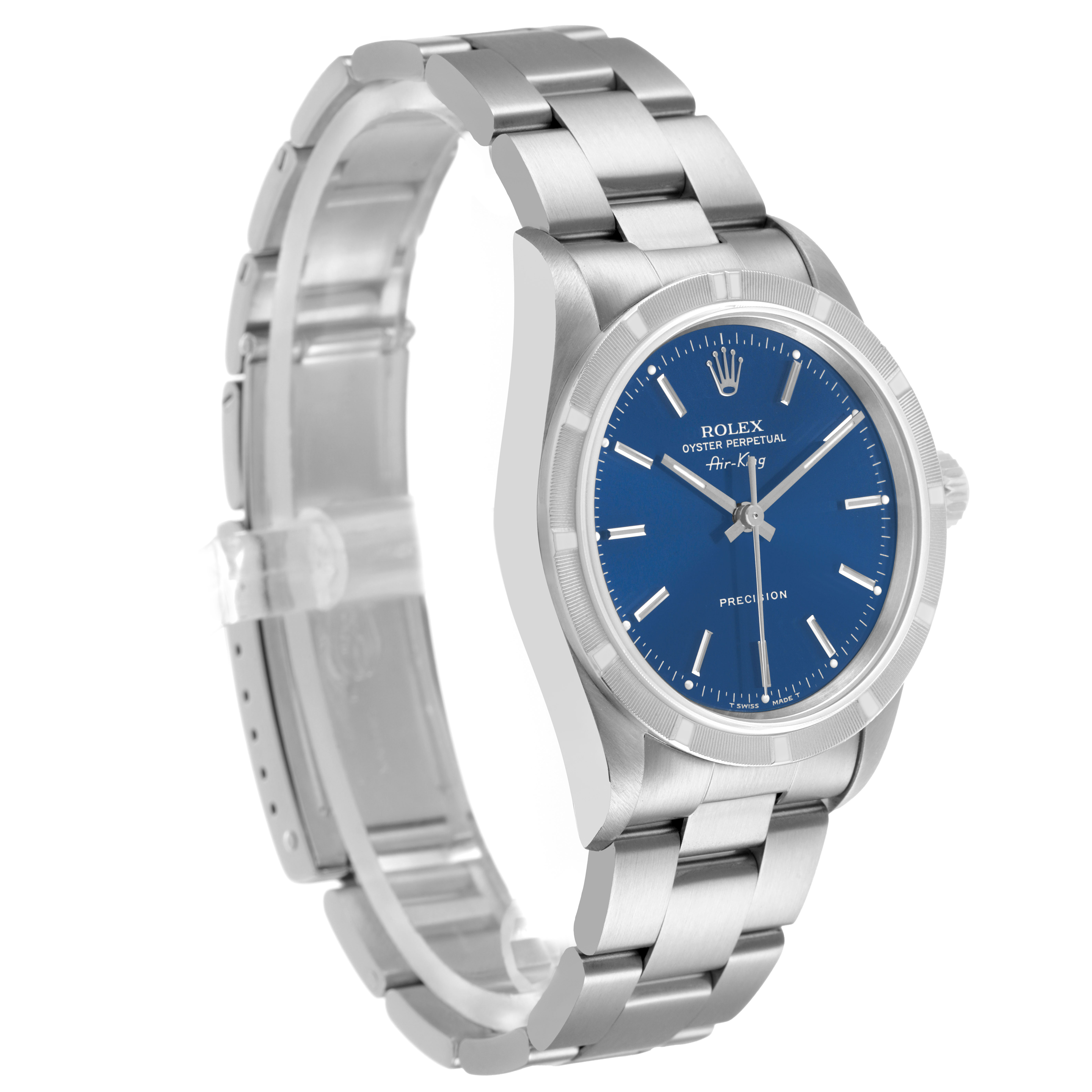 The Rolex Air-King 14010 Men's Stainless Steel Blue Dial watch is shown at a three-quarter angle, highlighting the blue dial, bracelet, and crown.