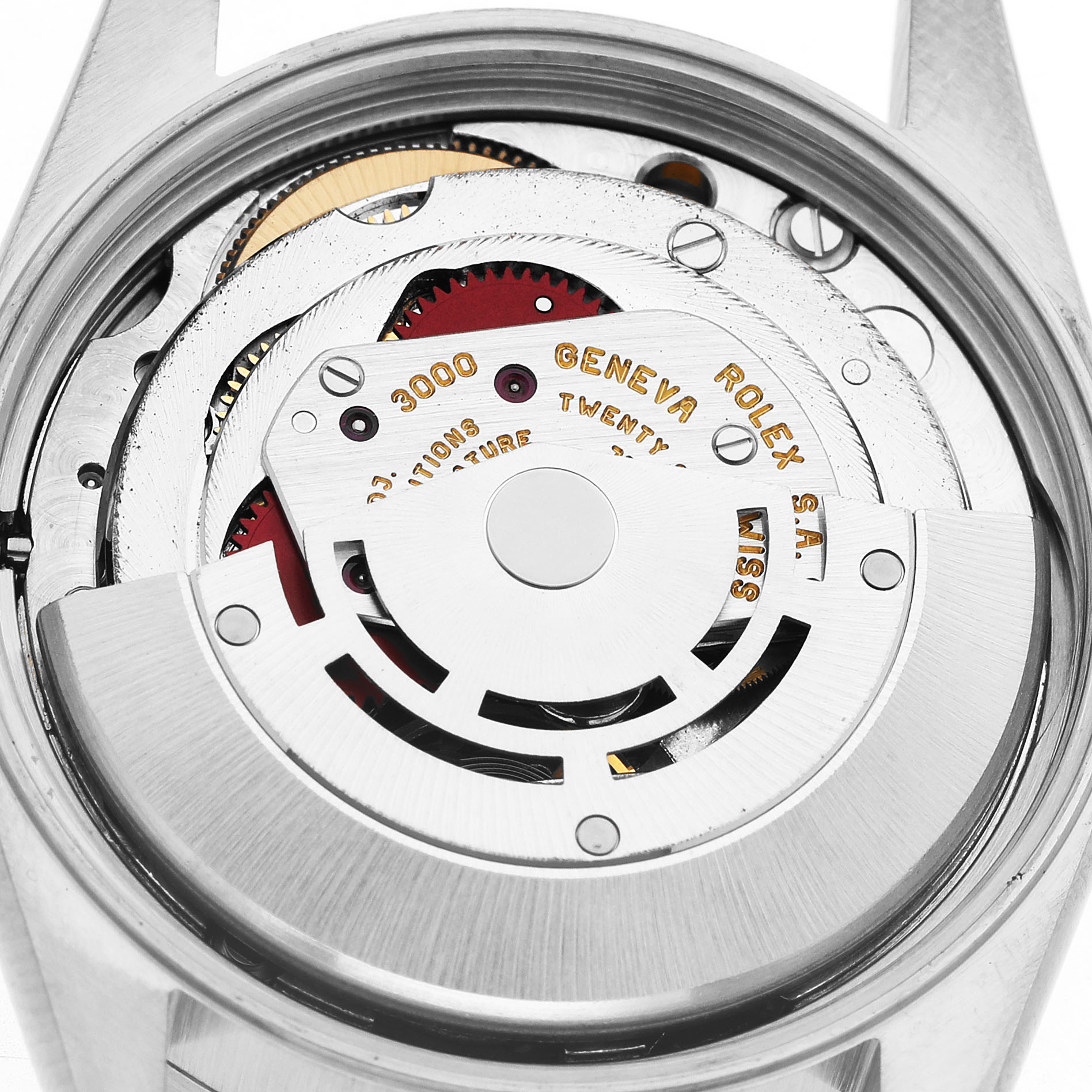The image shows the movement of a Rolex Air-King 14010 Men's Stainless Steel Blue Dial watch from a top-down angle, highlighting its mechanical intricacies.