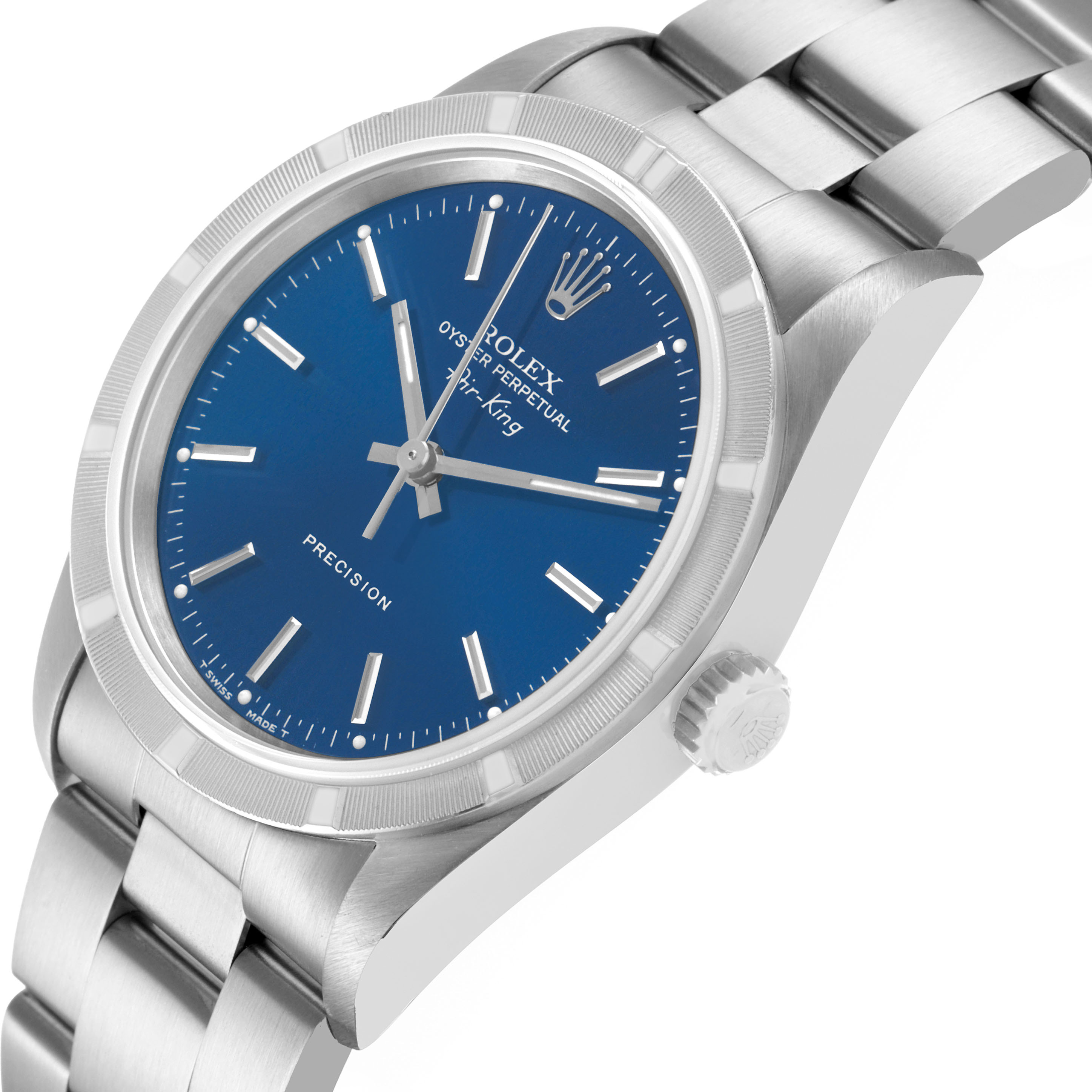 The Rolex Air-King 14010 Men's Stainless Steel Blue Dial watch is shown at a slight angled side view, displaying the blue dial, crown, and part of the bracelet.