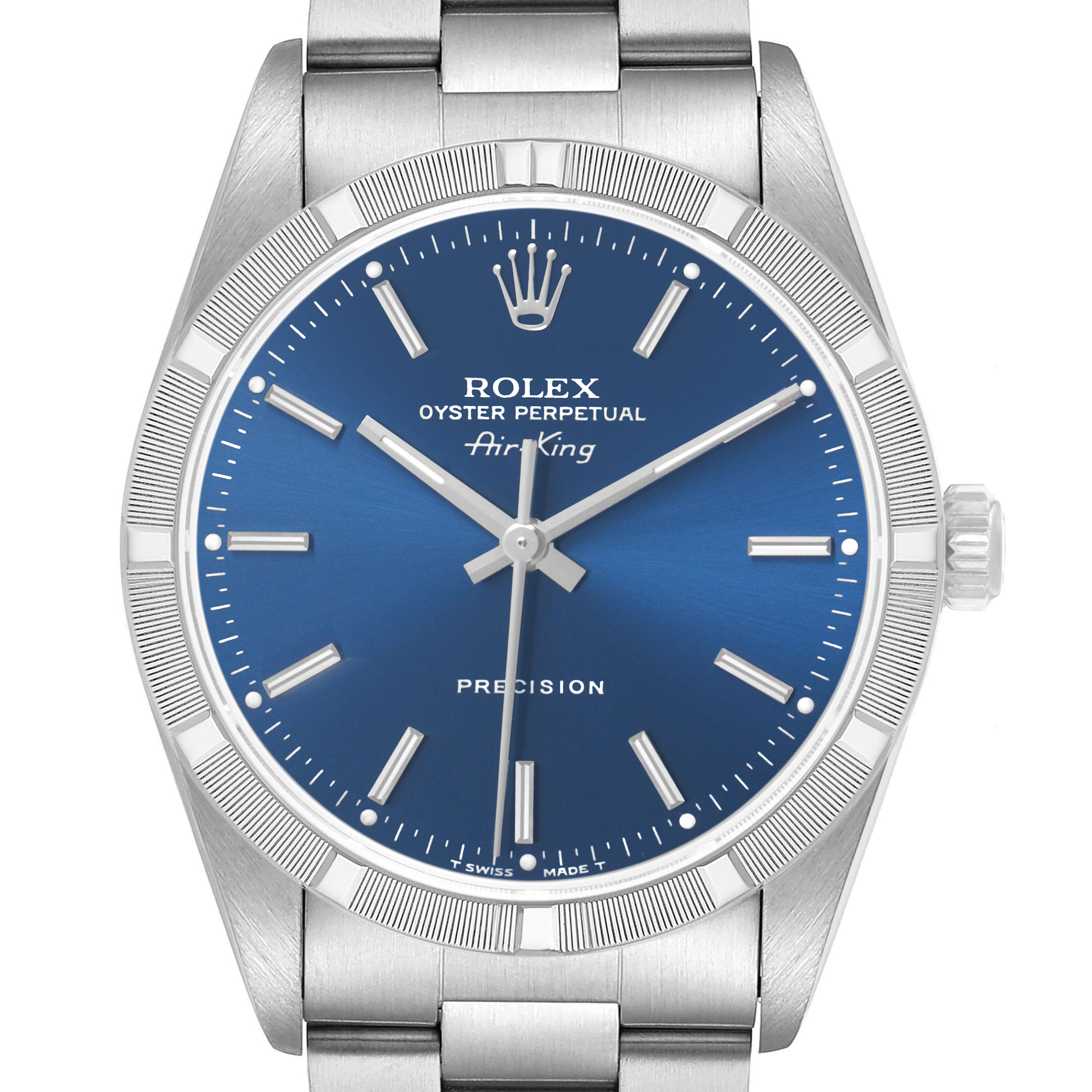 The Rolex Air-King 14010 Men's Stainless Steel Blue Dial watch is shown from a front angle, highlighting its blue dial, markers, hands, bezel, and bracelet.