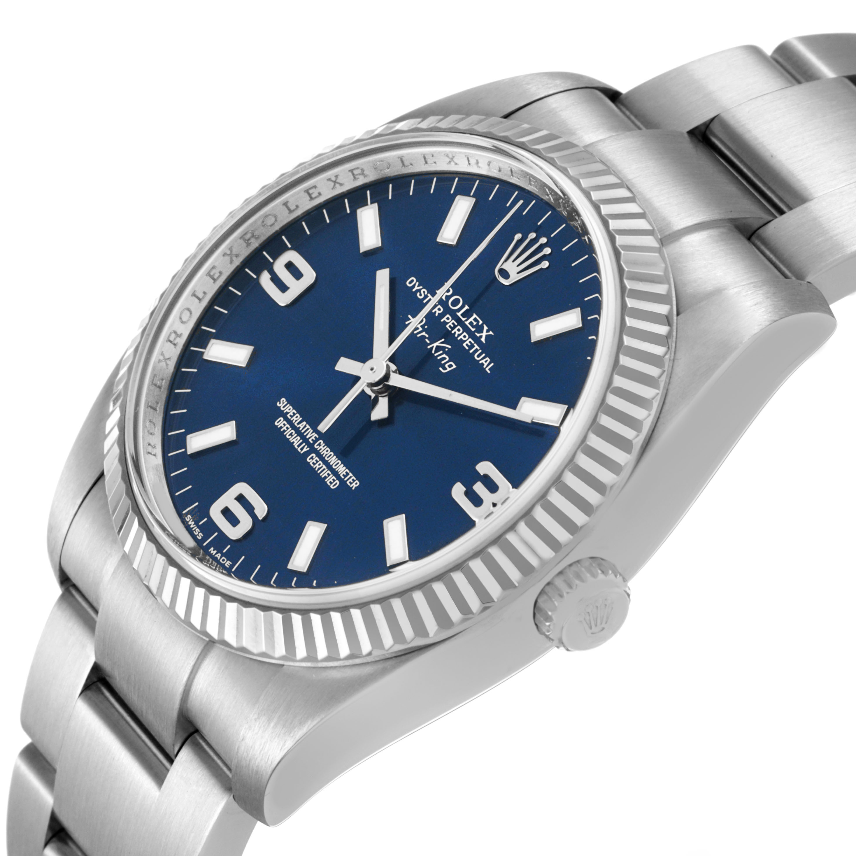 The Rolex Air-King 114234 Men's Stainless Steel Blue Dial watch is shown at a side angle, displaying the blue dial, fluted bezel, and stainless steel bracelet.