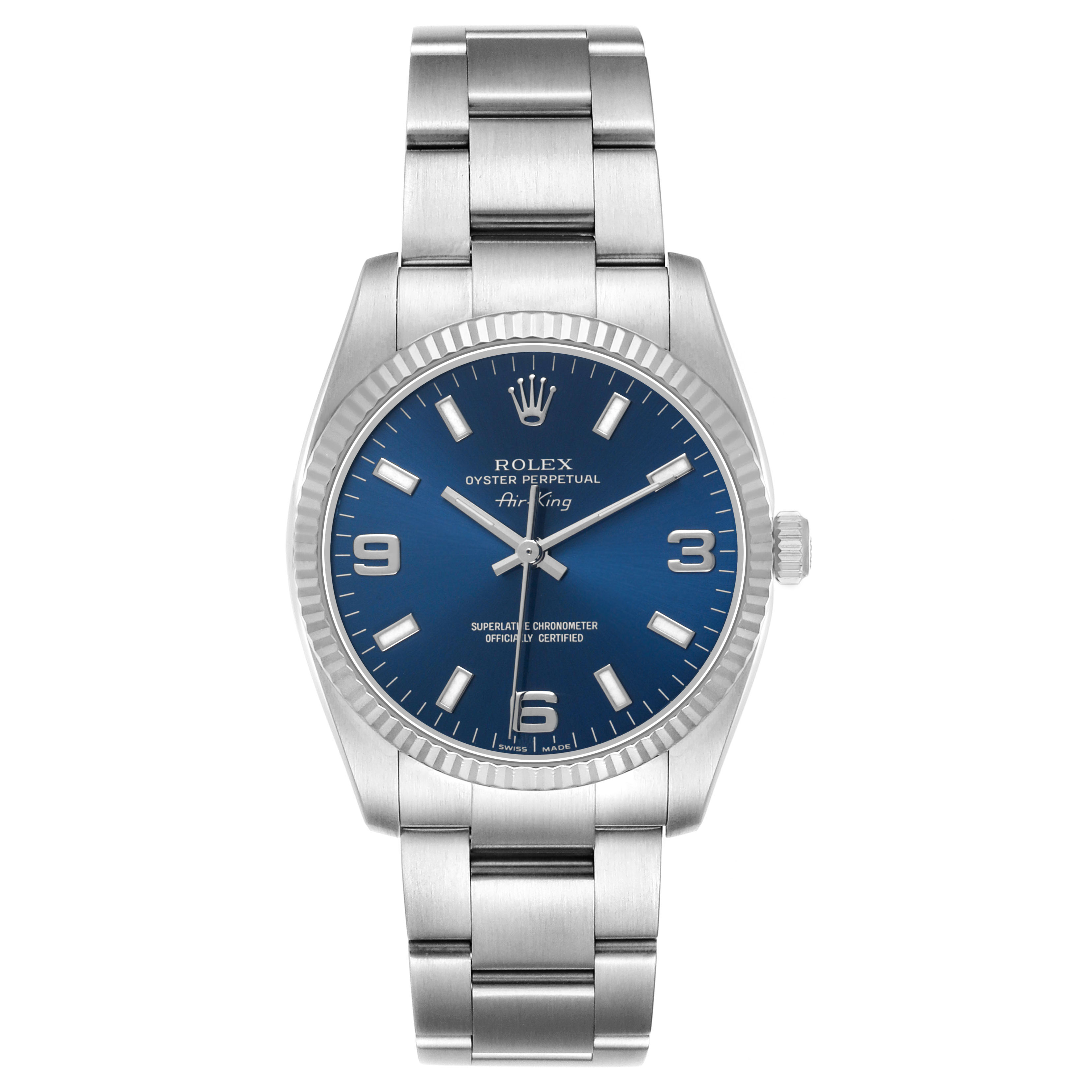 The Rolex Air-King 114234 Men's Stainless Steel Blue Dial watch is shown from a front angle, displaying its blue dial, fluted bezel, and stainless steel bracelet.