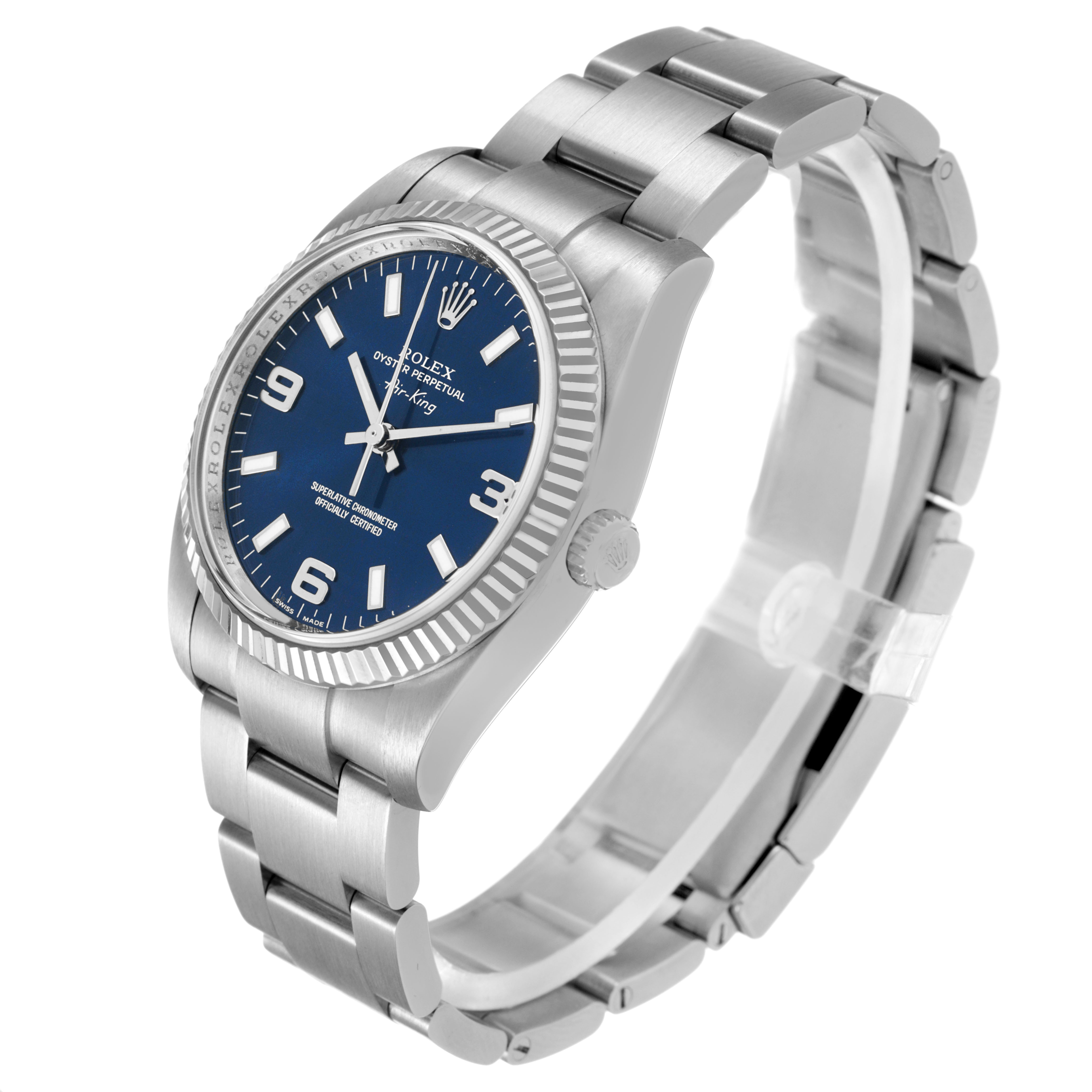 The Rolex Air-King 114234 Men's Stainless Steel Blue Dial watch is shown at a three-quarter angle, displaying the face, bezel, crown, and bracelet.