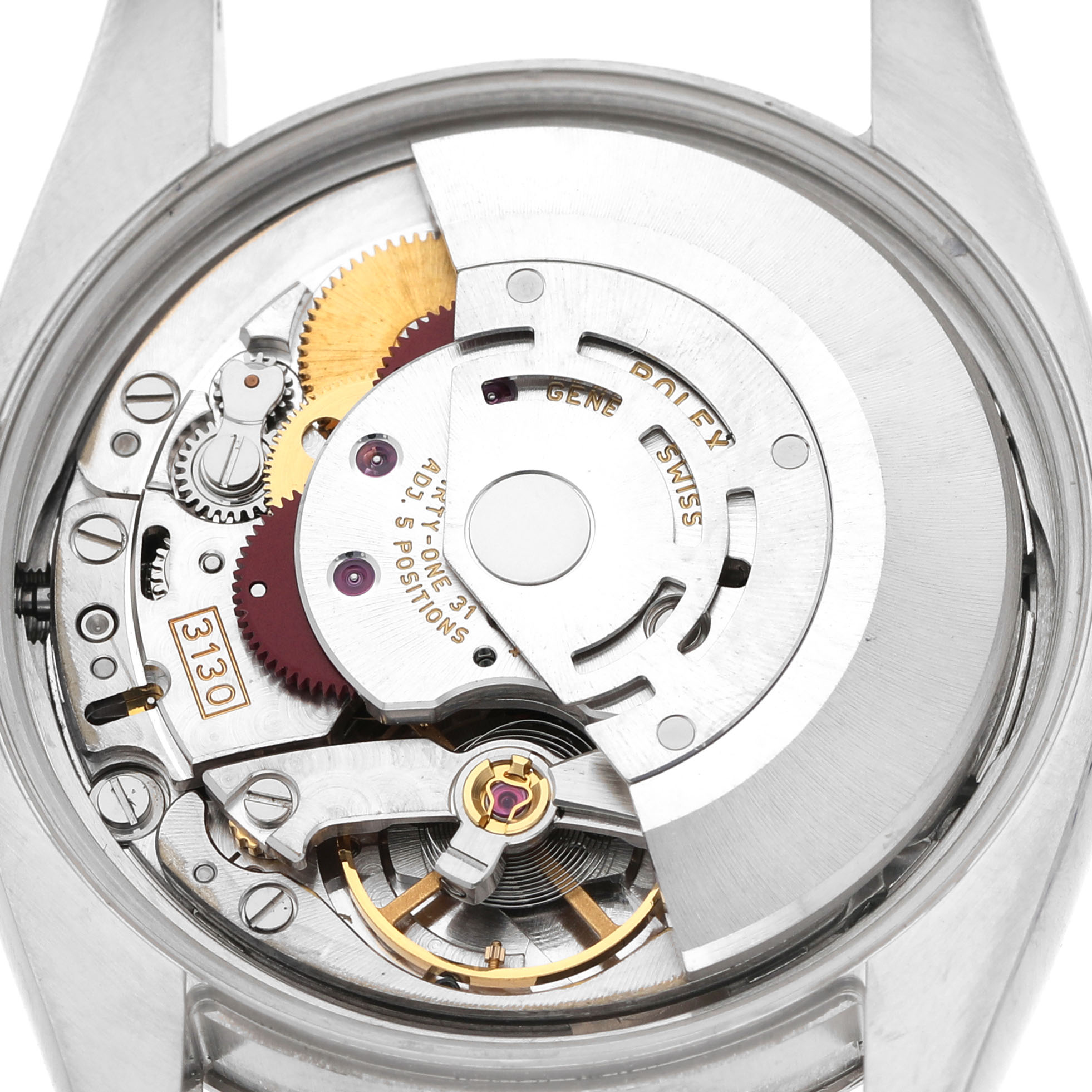 The image shows the movement of a Rolex Air-King 114234 Men's Stainless Steel Blue Dial watch from the back, displaying gears and mechanical components.