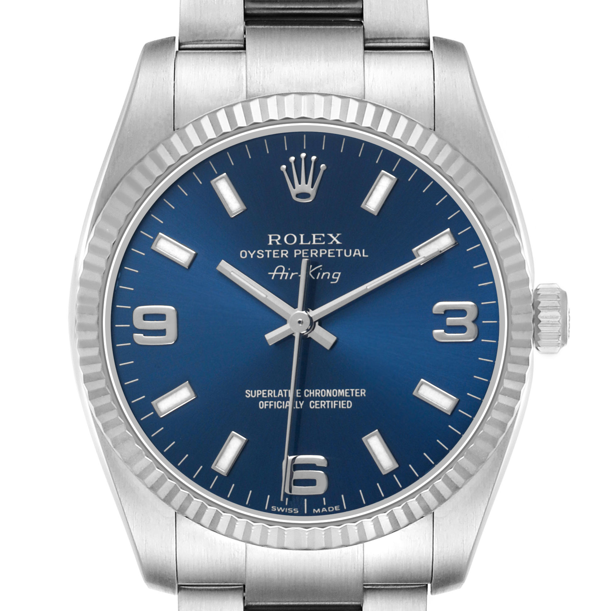The image shows a frontal view of the Rolex Air-King 114234 Men's Stainless Steel Blue Dial watch, featuring its blue dial, silver hour markers, and bezel.