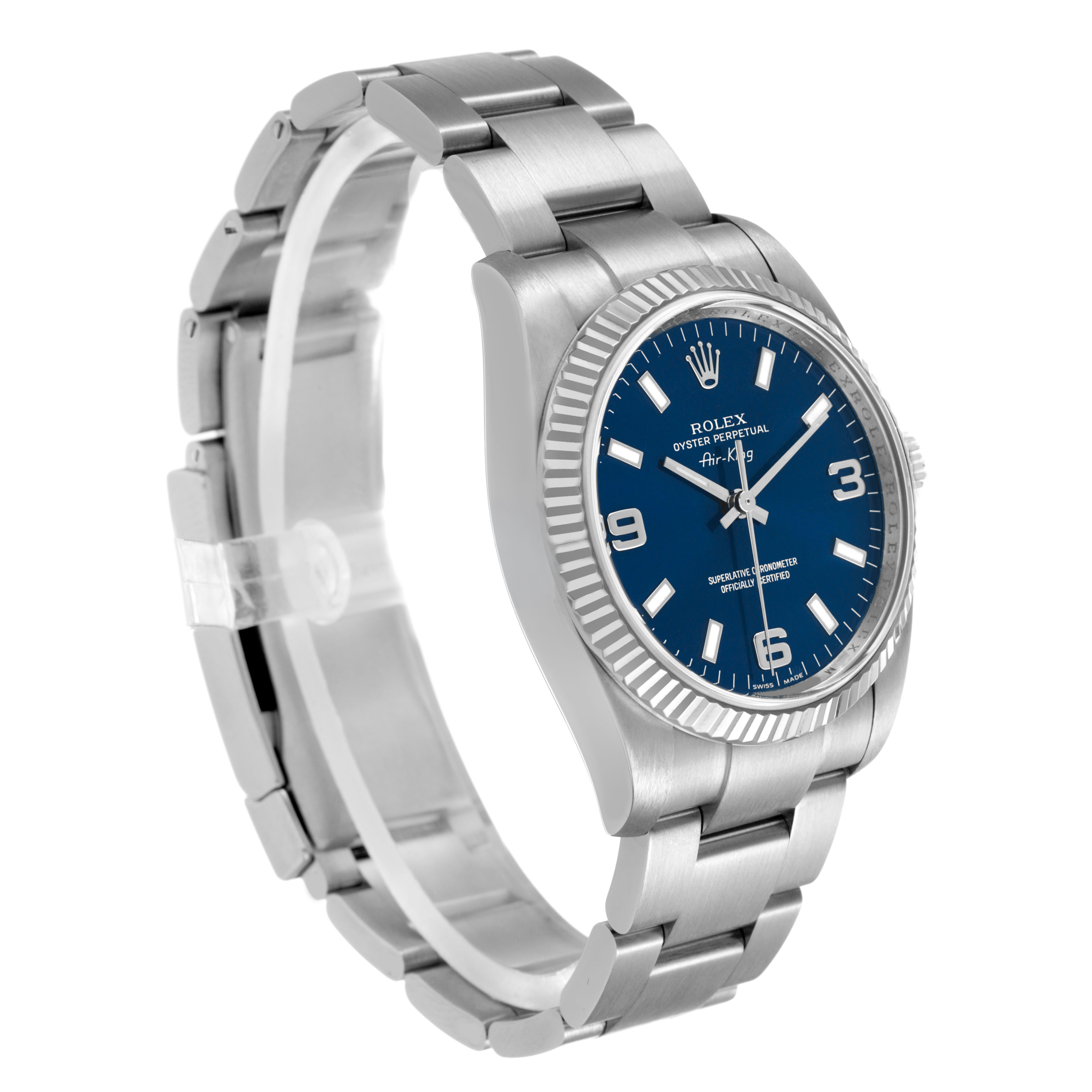 This image shows a side angle of the Rolex Air-King 114234 Men's Stainless Steel Blue Dial watch, highlighting the blue dial, fluted bezel, and stainless steel bracelet.