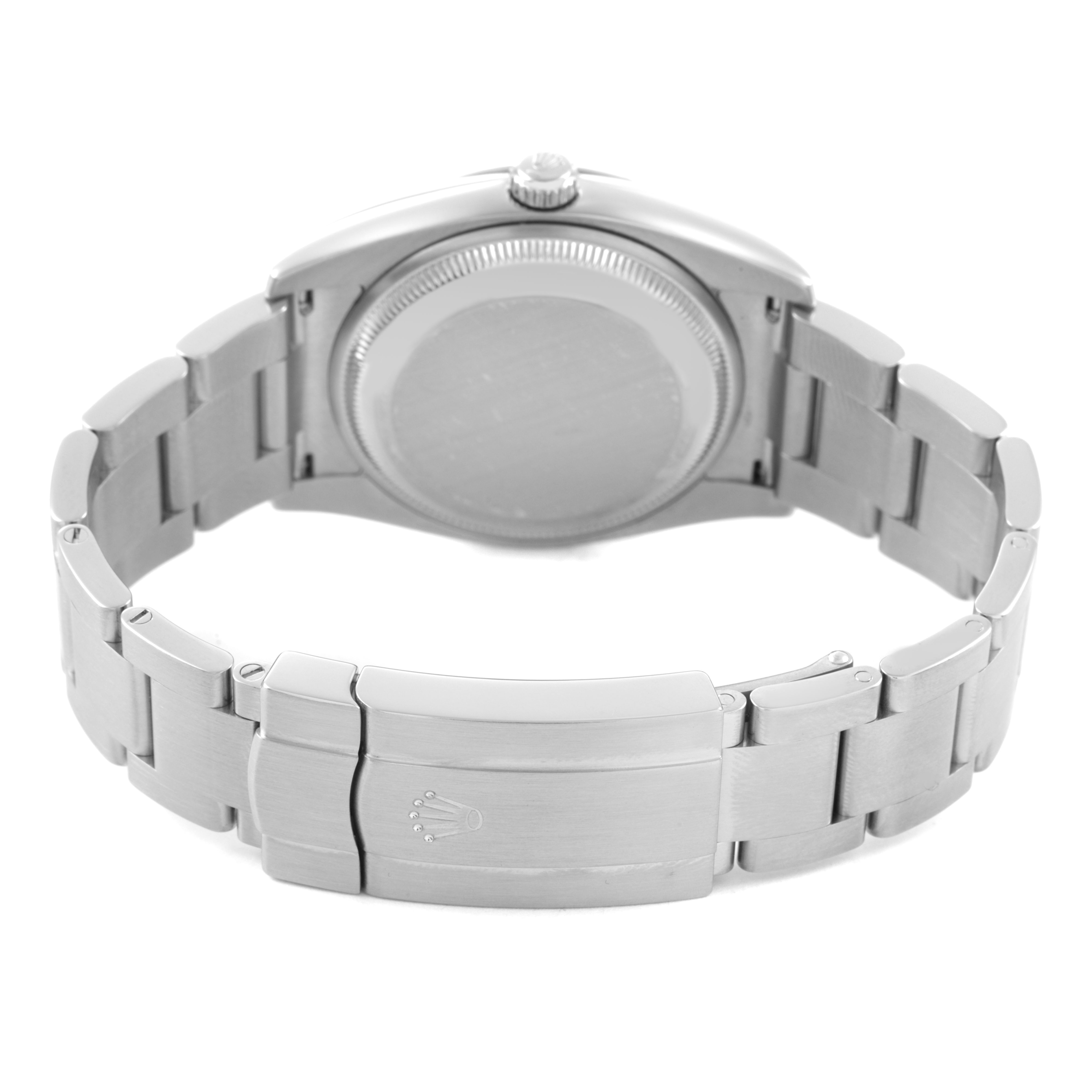The image shows the back view of a Rolex Air-King 114234 Men's Stainless Steel Blue Dial watch, highlighting the bracelet and clasp.