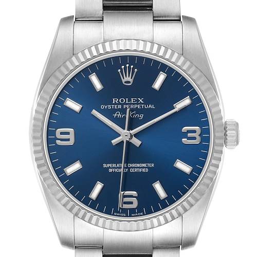 The image shows a front view of the Rolex Air-King 114234 Men's Stainless Steel Blue Dial watch, displaying the dial, bezel, crown, and part of the bracelet.