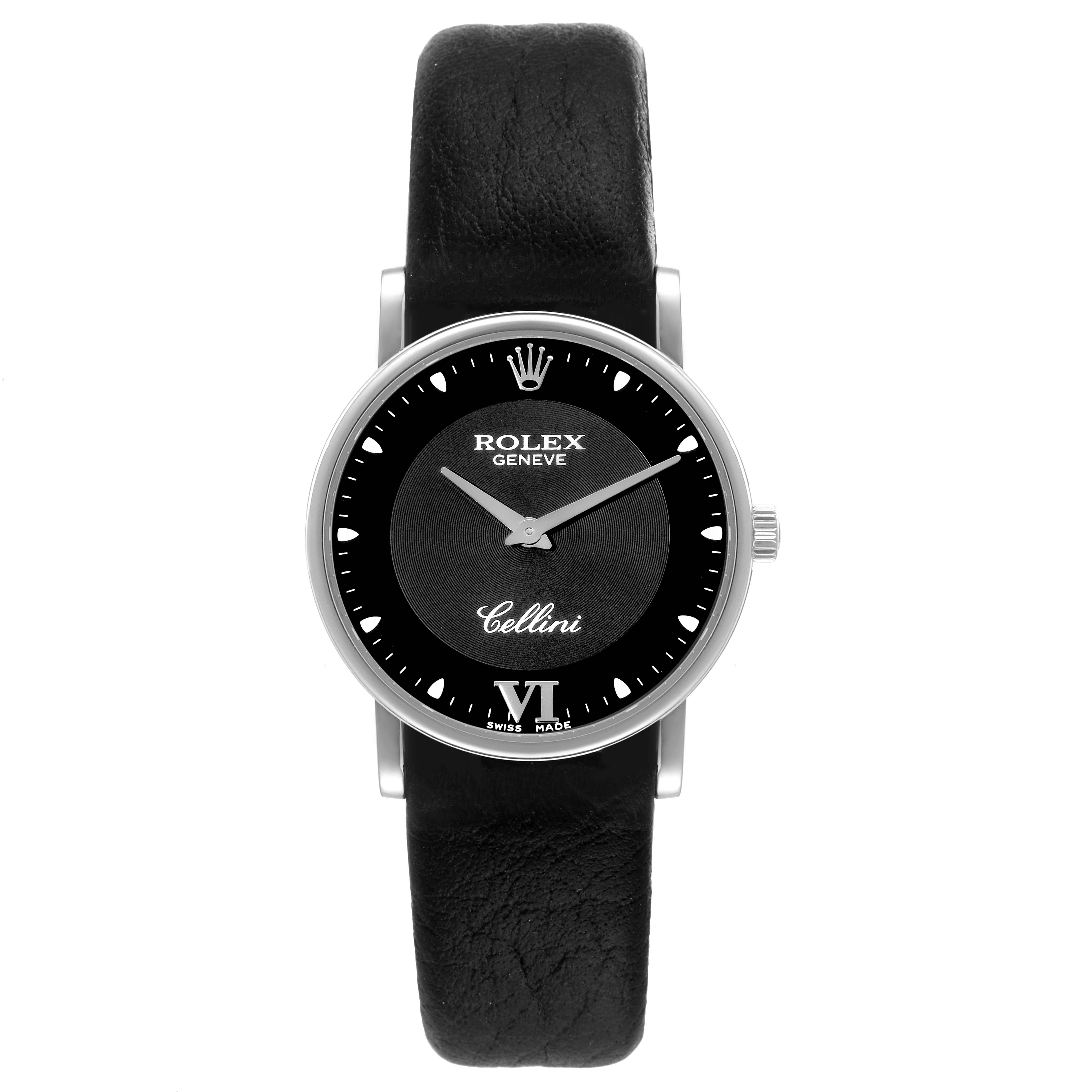 This is a frontal view of a Rolex Cellini 5115 Men
s White Gold Black Dial 5115 Men
s White Gold Black Dial watch, showing the face, bezel, crown, and leather strap.