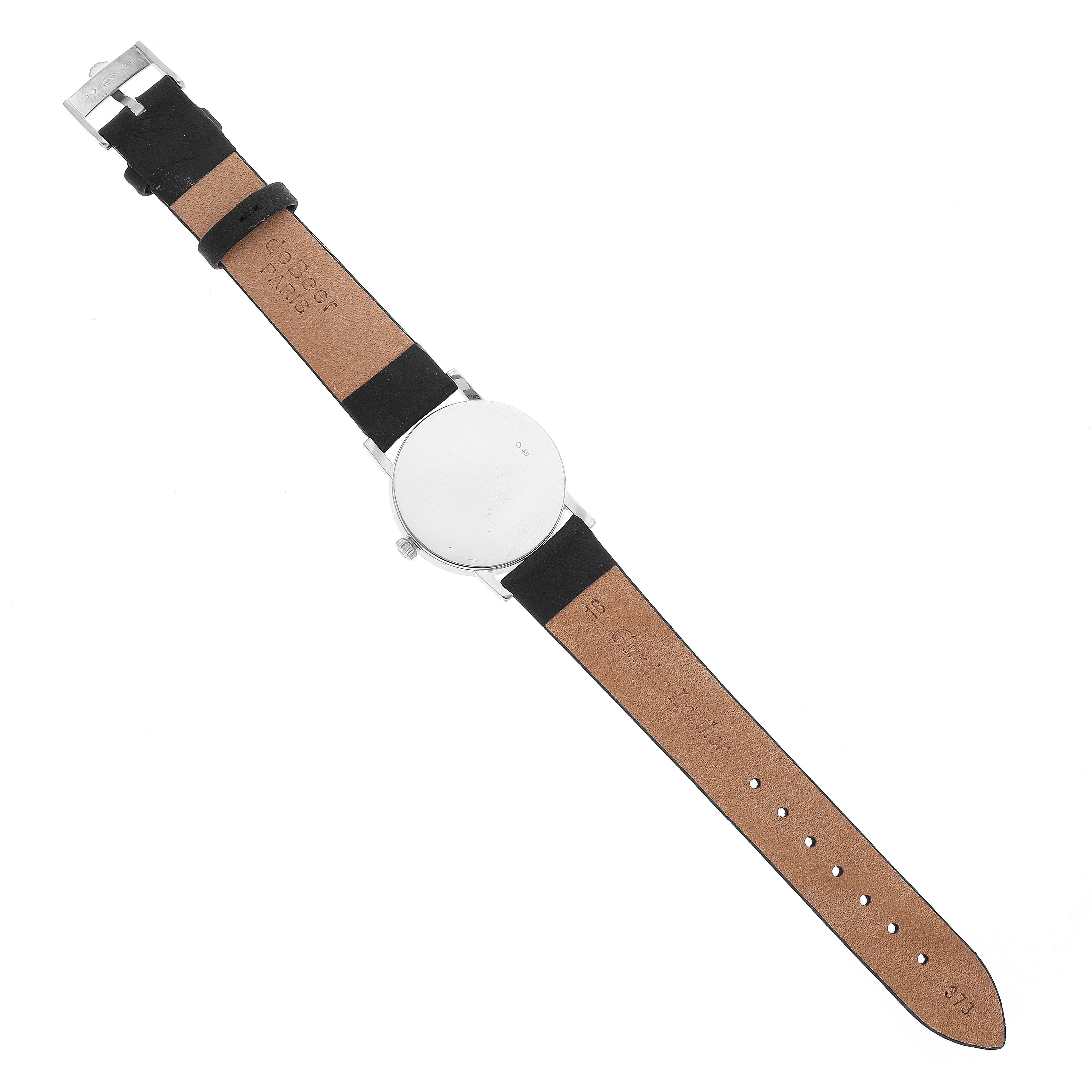 This image shows the back view of a Rolex Cellini 5115 Men
s White Gold Black Dial 5115 Men
s White Gold Black Dial watch, displaying its leather strap and case back.