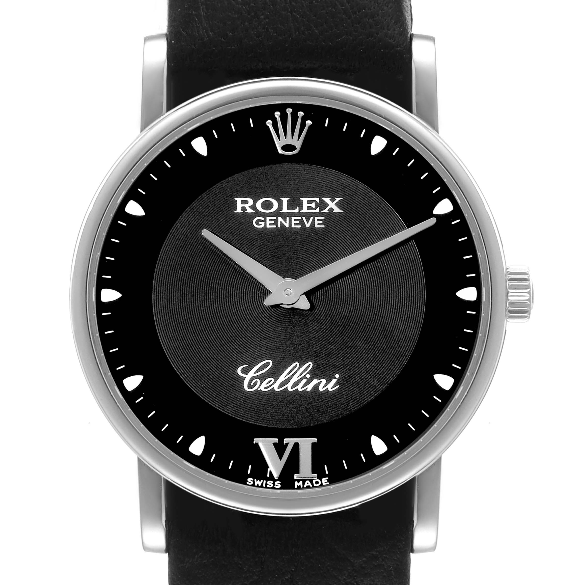 The image shows a front view of the Rolex Cellini 5115 Men
s White Gold Black Dial 5115 Men
s White Gold Black Dial watch, displaying its dial, hands, crown, and part of the leather strap.