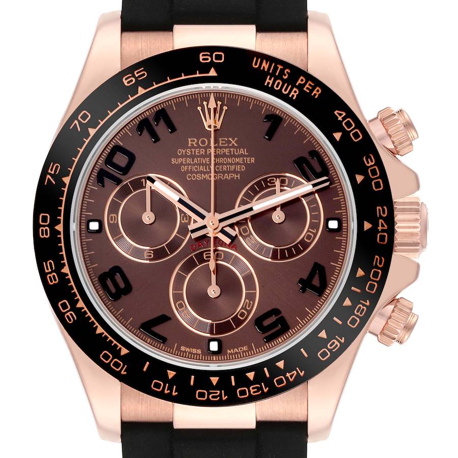 The Rolex Daytona watch is shown from a direct front angle, highlighting the dial, bezel, crown, and pushers.