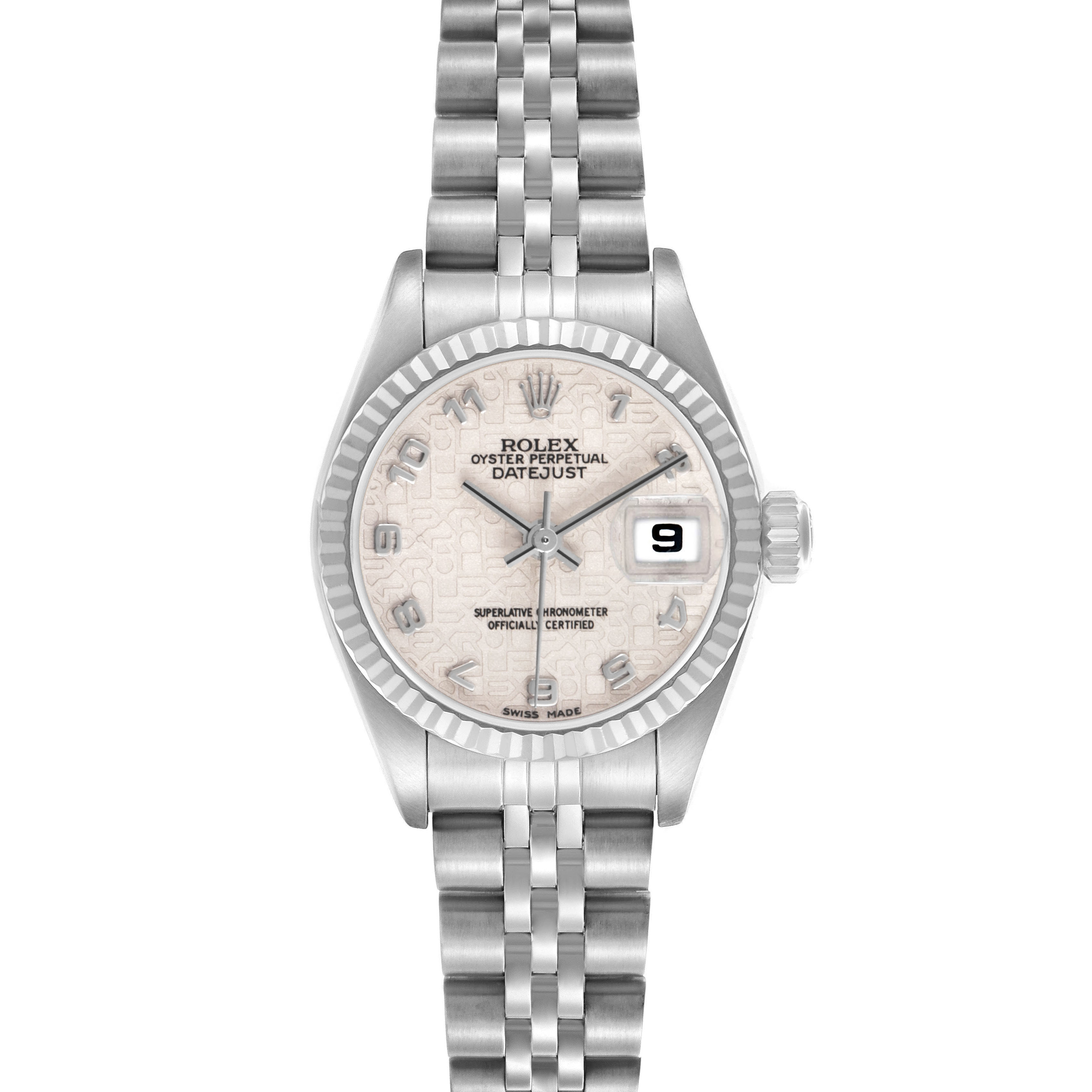 The Rolex Datejust 79174 Women's Stainless Steel White Dial watch is shown from a front angle, displaying the face, bezel, and part of the bracelet.