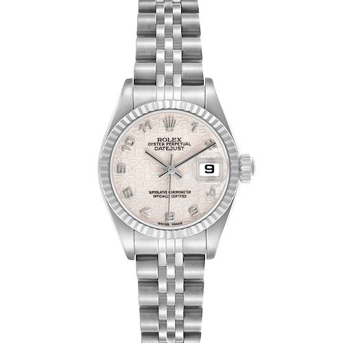 The Rolex Datejust 79174 Women's Stainless Steel White Dial model is shown from a top view, displaying the face, bezel, bracelet, and crown.