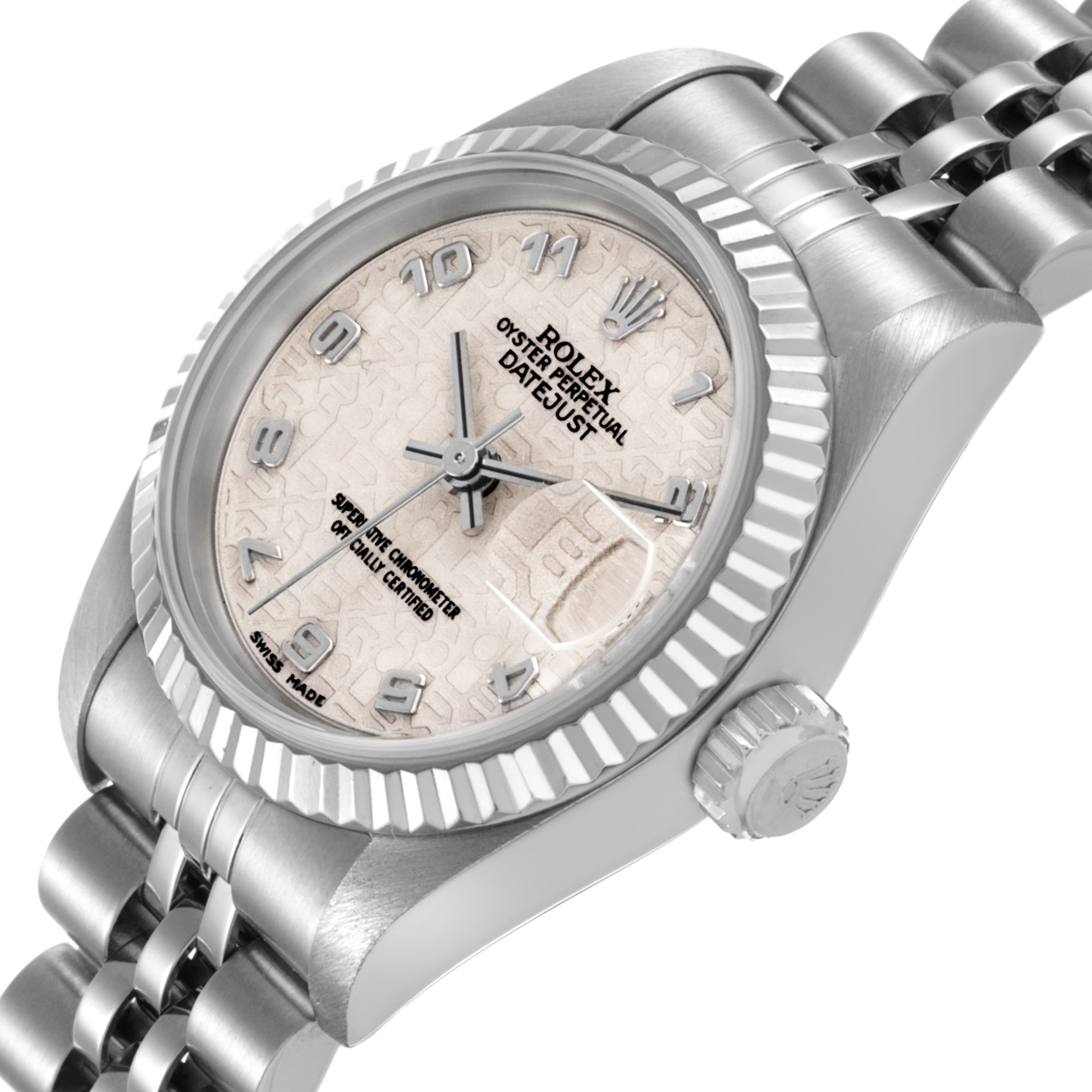 The Rolex Datejust 79174 Women's Stainless Steel White Dial is shown at an angled side view, displaying the bezel, dial, crown, and bracelet.