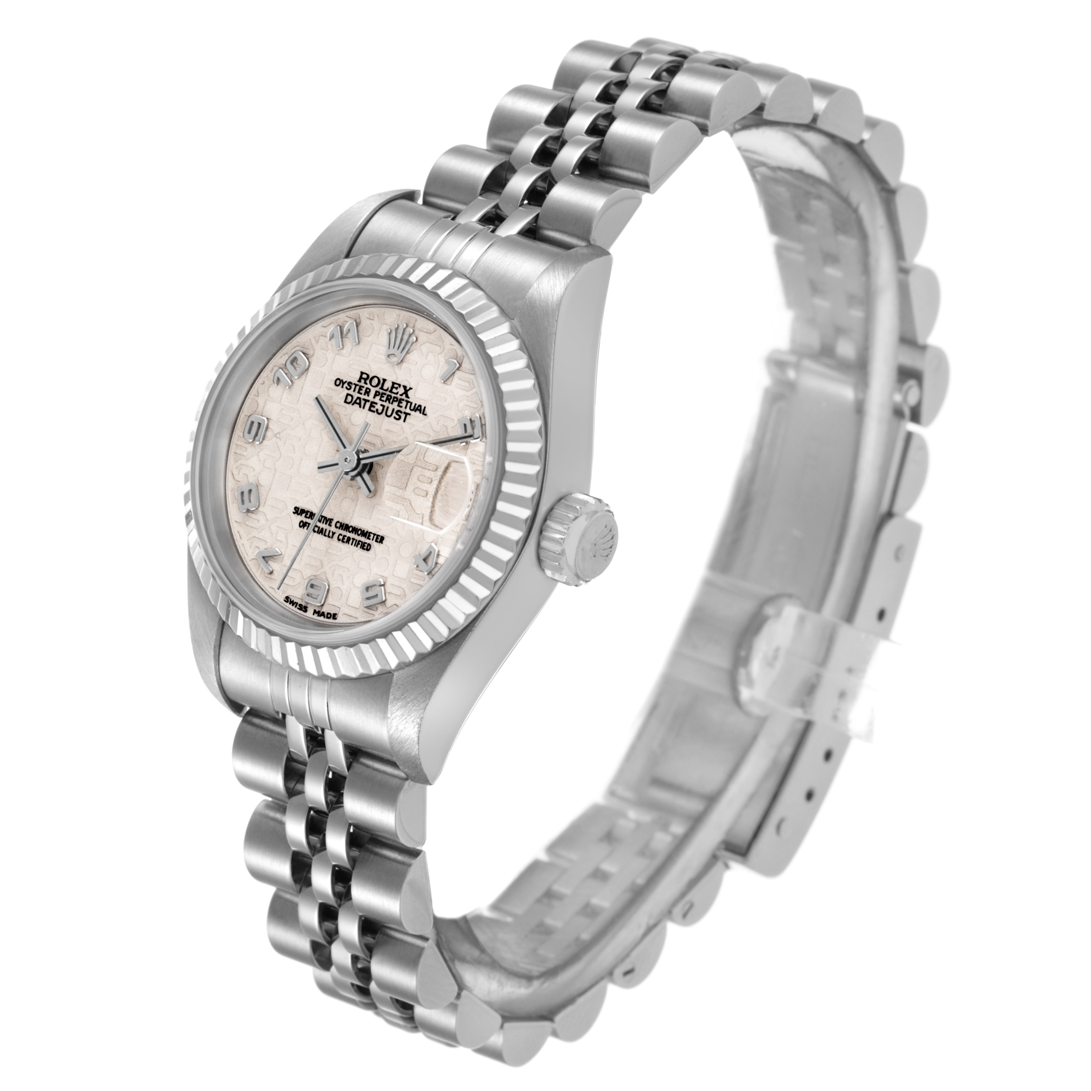 The Rolex Datejust 79174 Women's Stainless Steel White Dial watch is shown at a slight angle highlighting the dial, fluted bezel, crown, and part of the bracelet.