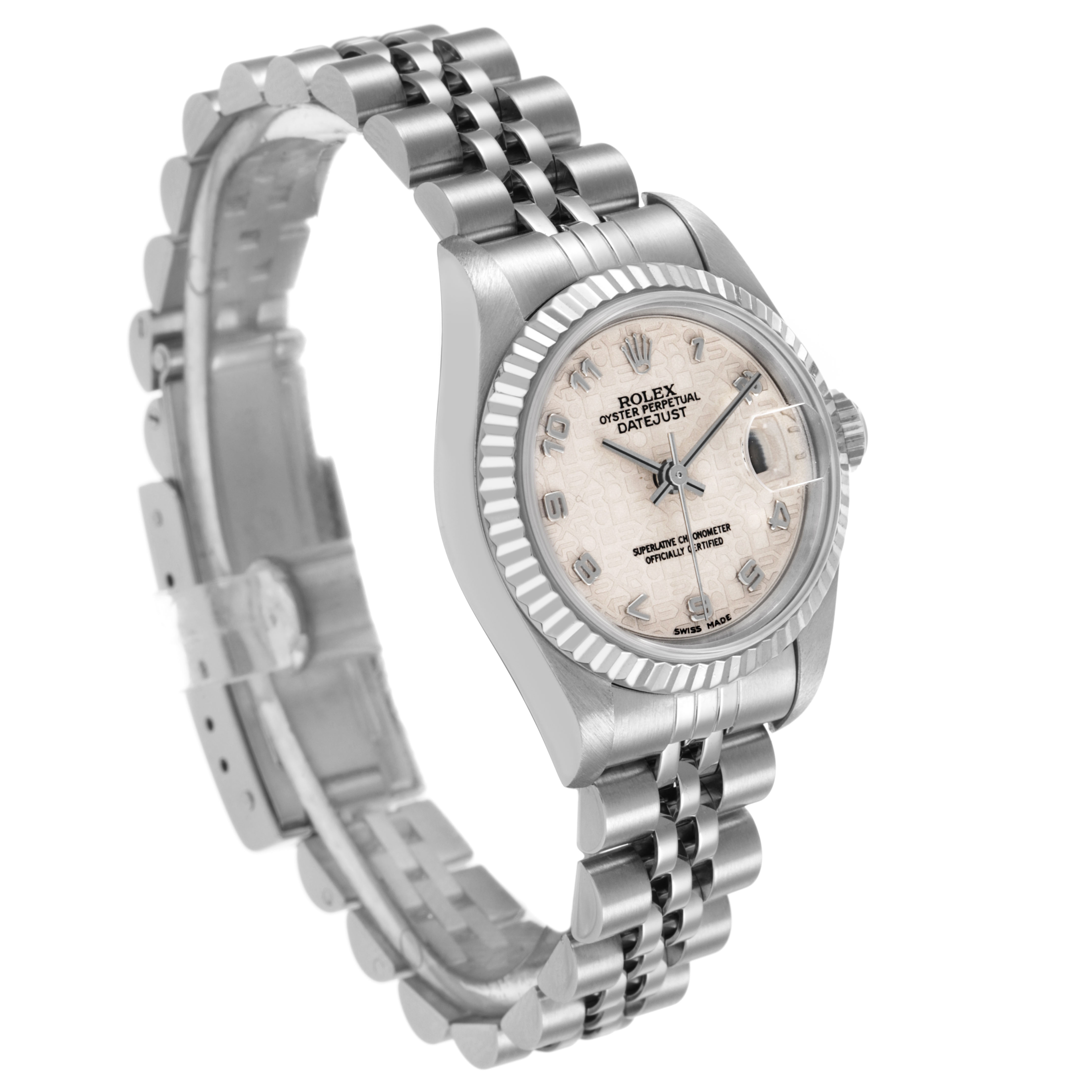 The Rolex Datejust 79174 Women's Stainless Steel White Dial watch is angled to show the face, bezel, and part of the Jubilee bracelet.
