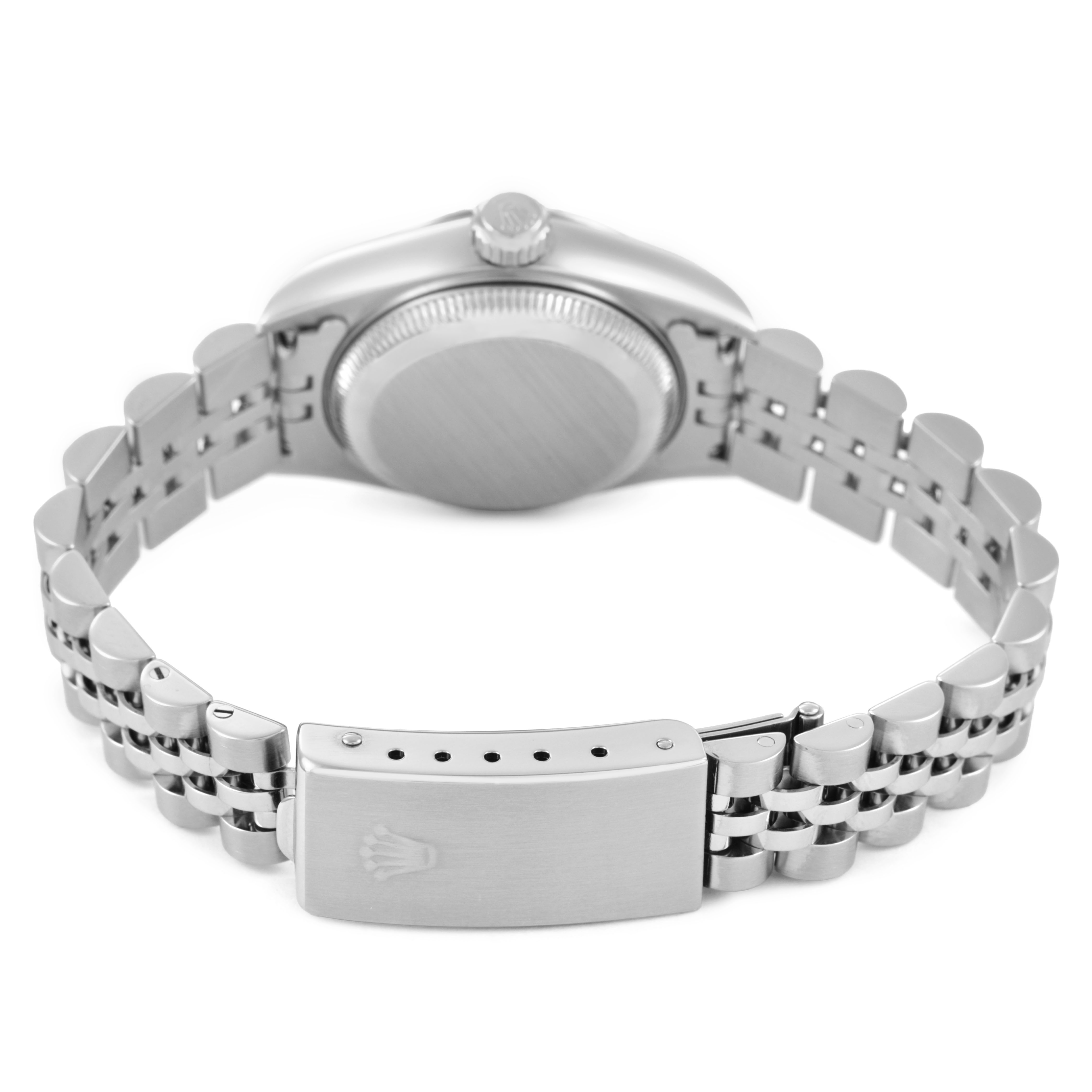 The image shows the back and bracelet of a Rolex Datejust 79174 Women's Stainless Steel White Dial watch, highlighting the clasp and caseback.