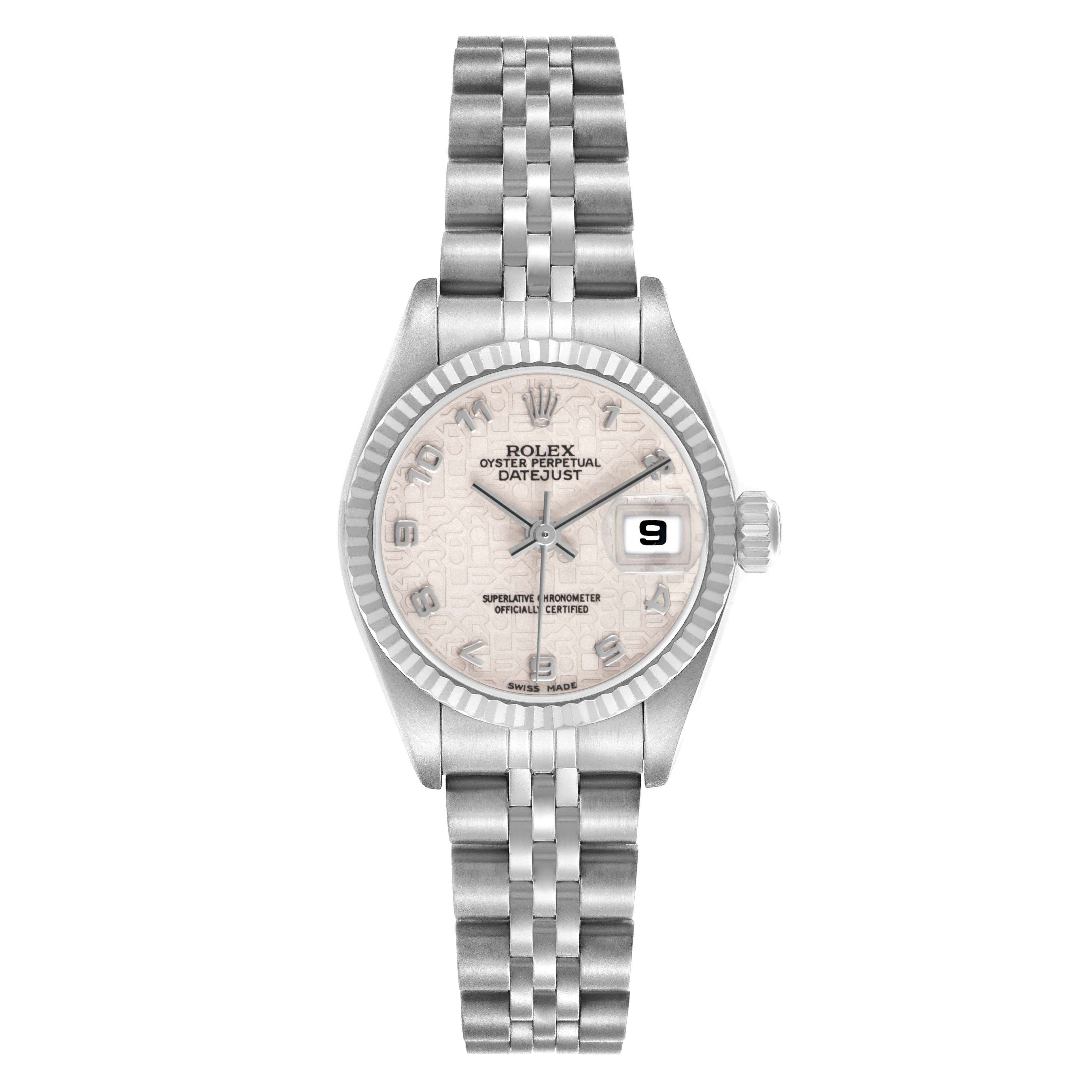 The Rolex Datejust 79174 Women's Stainless Steel White Dial watch is shown from a front angle, displaying the face, bezel, dial, and bracelet.