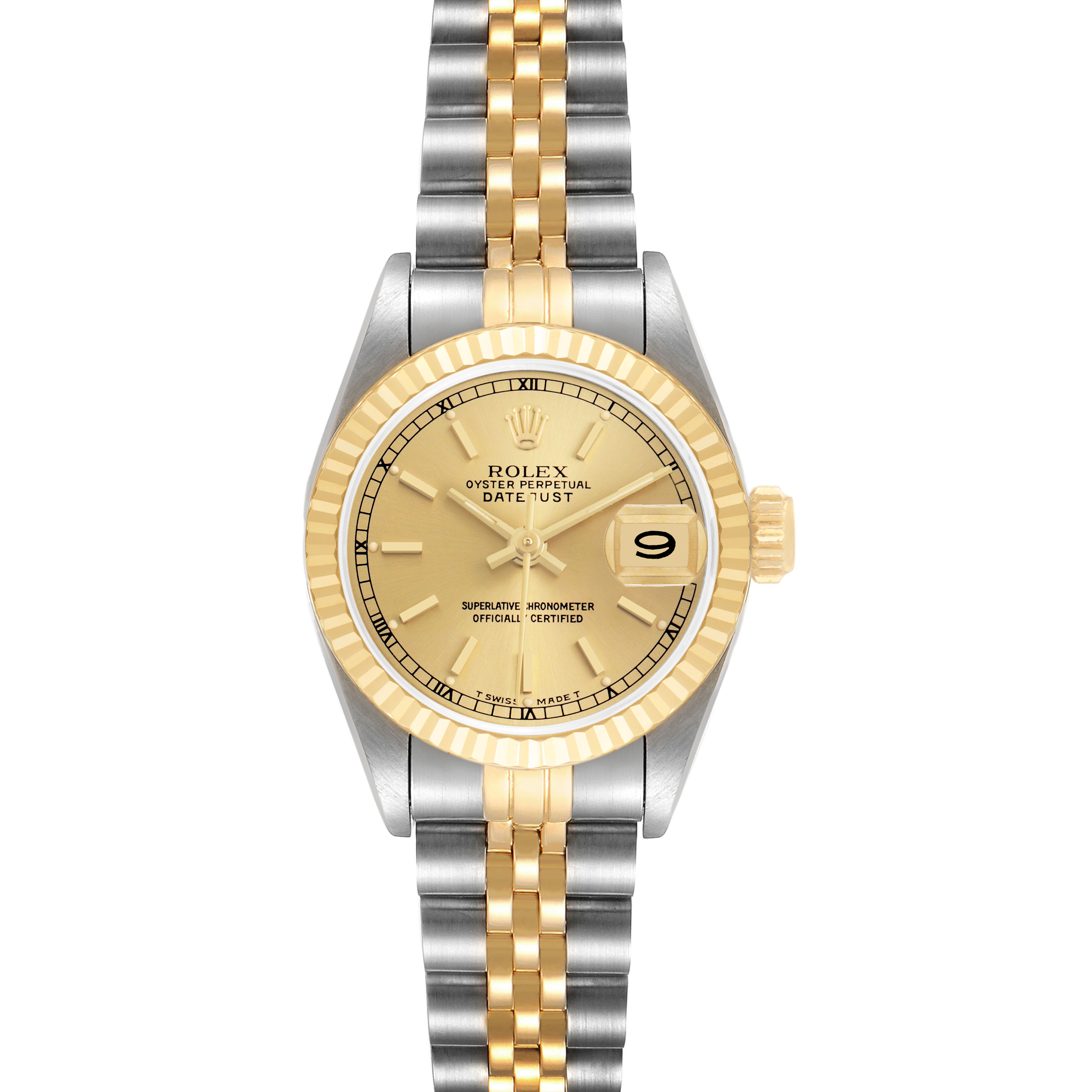The Rolex Datejust 69173 Women's Steel and Gold (two tone) Champagne Dial is shown from a top-down angle displaying the dial, bezel, crown, and bracelet.