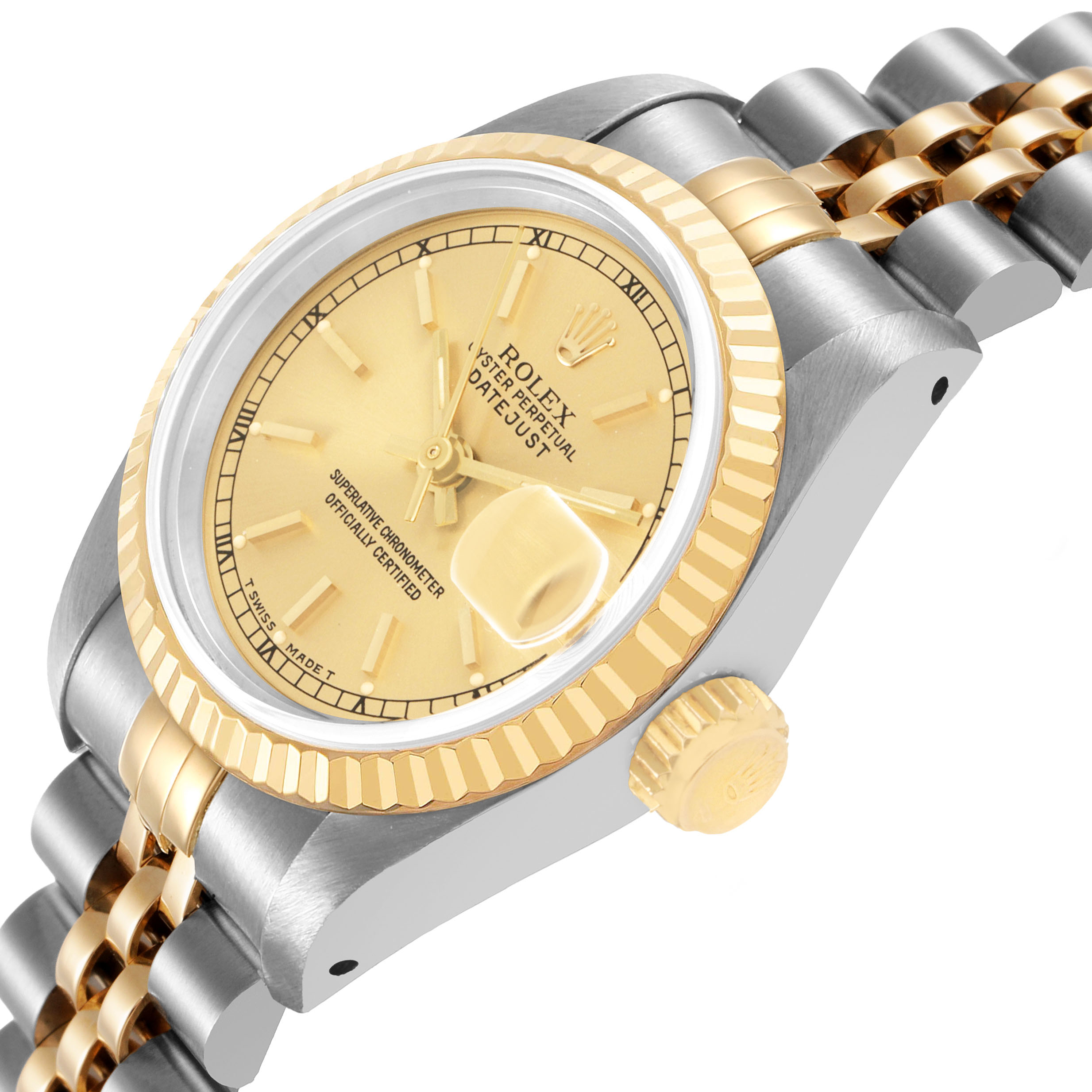 The Rolex Datejust 69173 Women's Steel and Gold (two tone) Champagne Dial watch is shown at a tilted angle, highlighting its gold bezel, champagne dial, and two-tone jubilee bracelet.