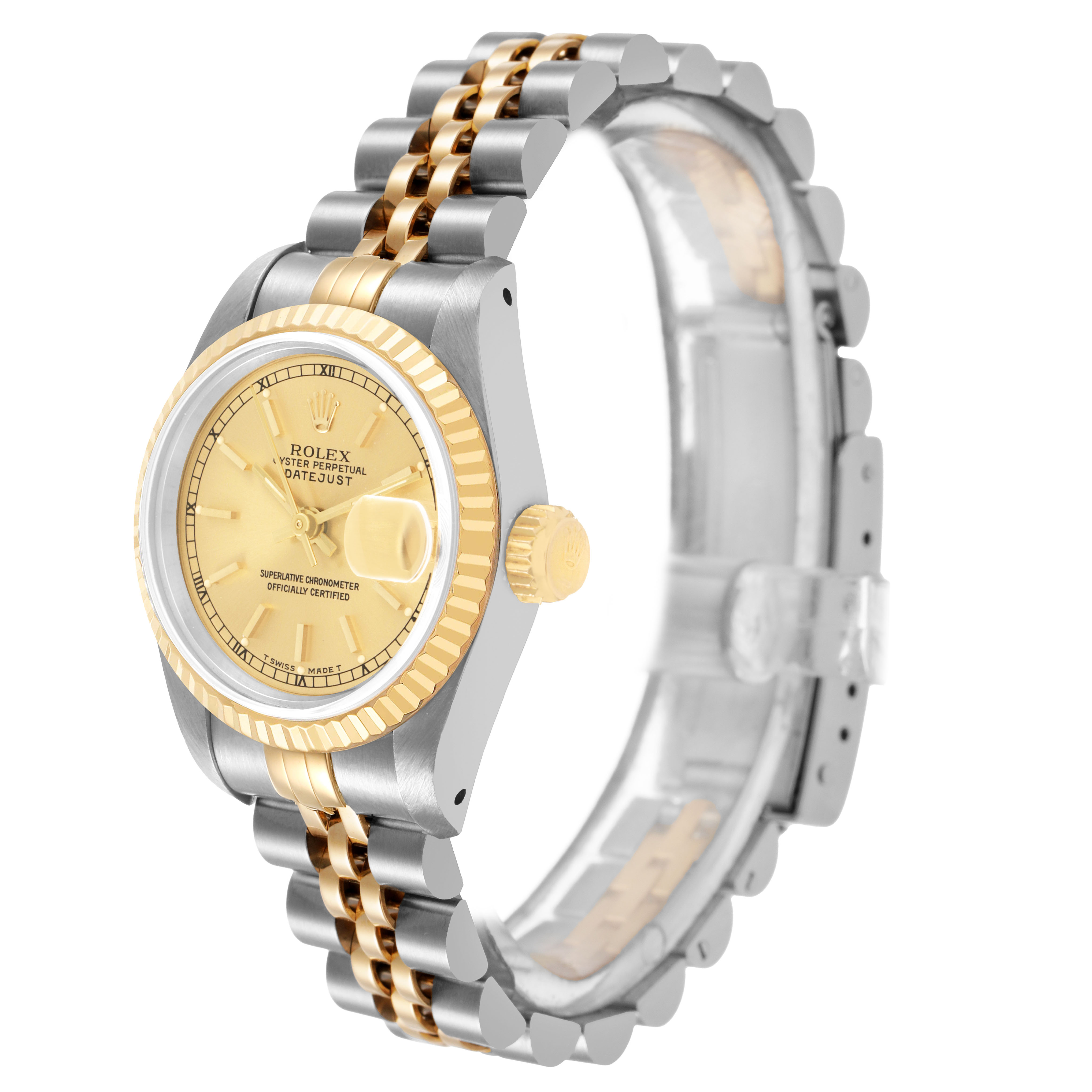The Rolex Datejust 69173 Women's Steel and Gold (two tone) Champagne Dial watch is shown from a side angle, highlighting the bezel, crown, and two-tone bracelet.