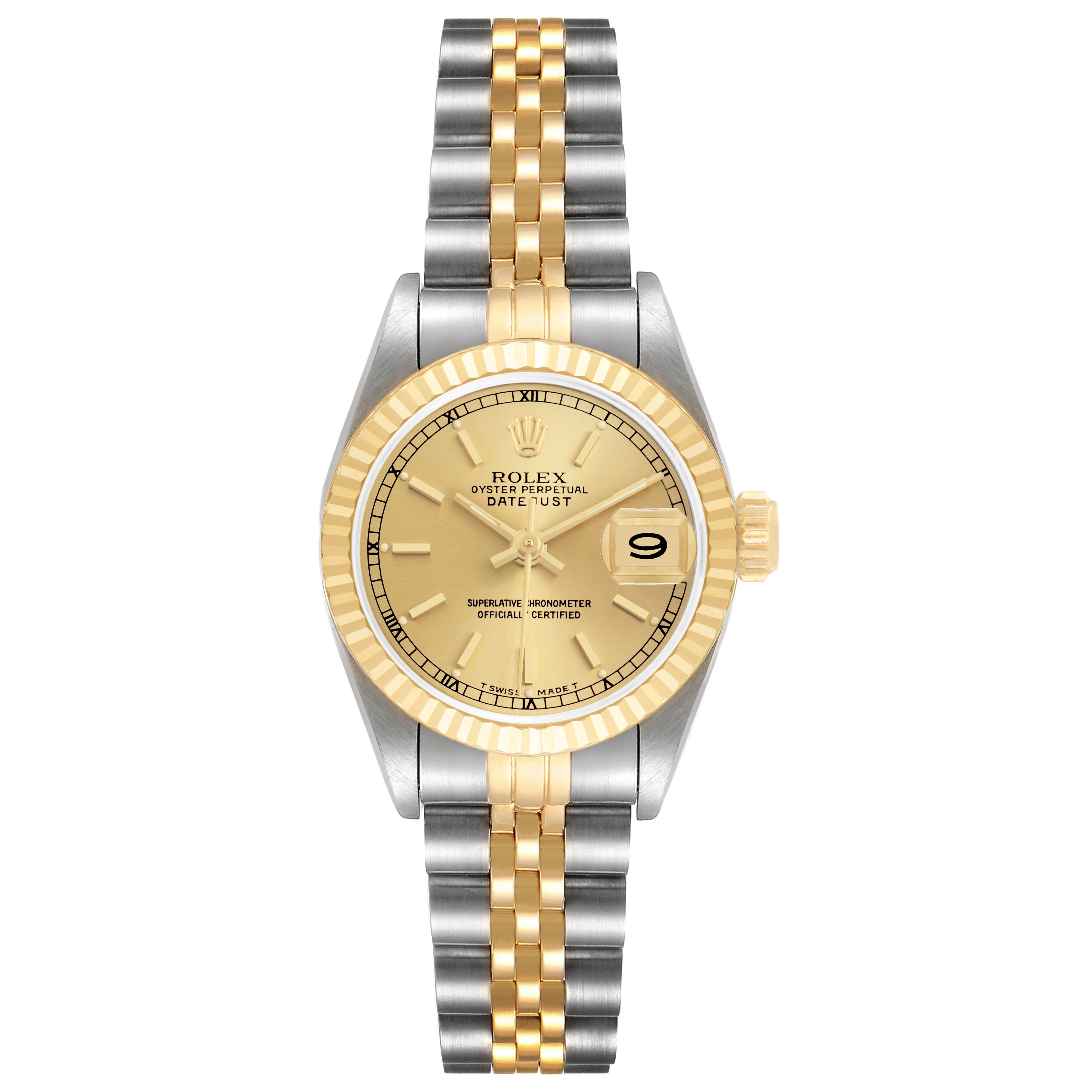 The Rolex Datejust 69173 Women's Steel and Gold (two tone) Champagne Dial watch is shown from a front angle, displaying the dial, bezel, bracelet, and crown.