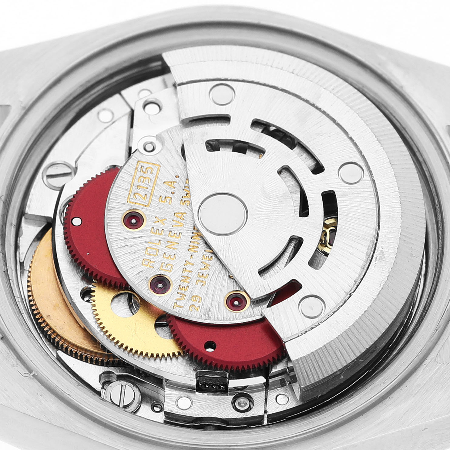 The image shows the internal movement mechanism of a Rolex Datejust 69173 Women's Steel and Gold (two tone) Champagne Dial, viewed from the back.