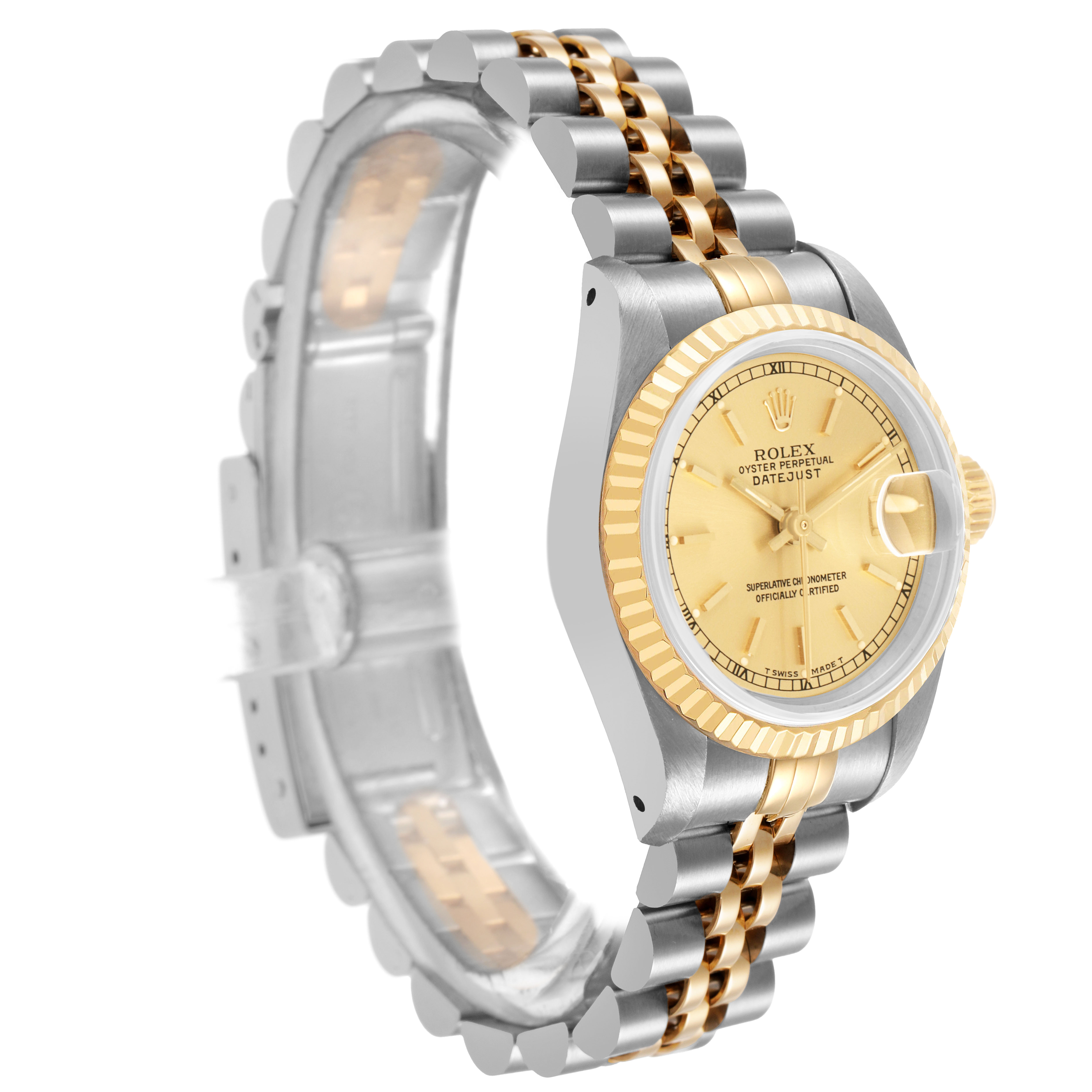 The Rolex Datejust 69173 Women's Steel and Gold (two tone) Champagne Dial watch is shown at a three-quarter angle, highlighting the bezel, dial, and two-tone bracelet.
