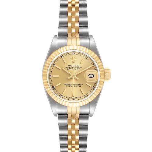 The Rolex Datejust 69173 Women's Steel and Gold (two tone) Champagne Dial watch is shown from the front, displaying the dial, bezel, case, crown, and part of the bracelet.