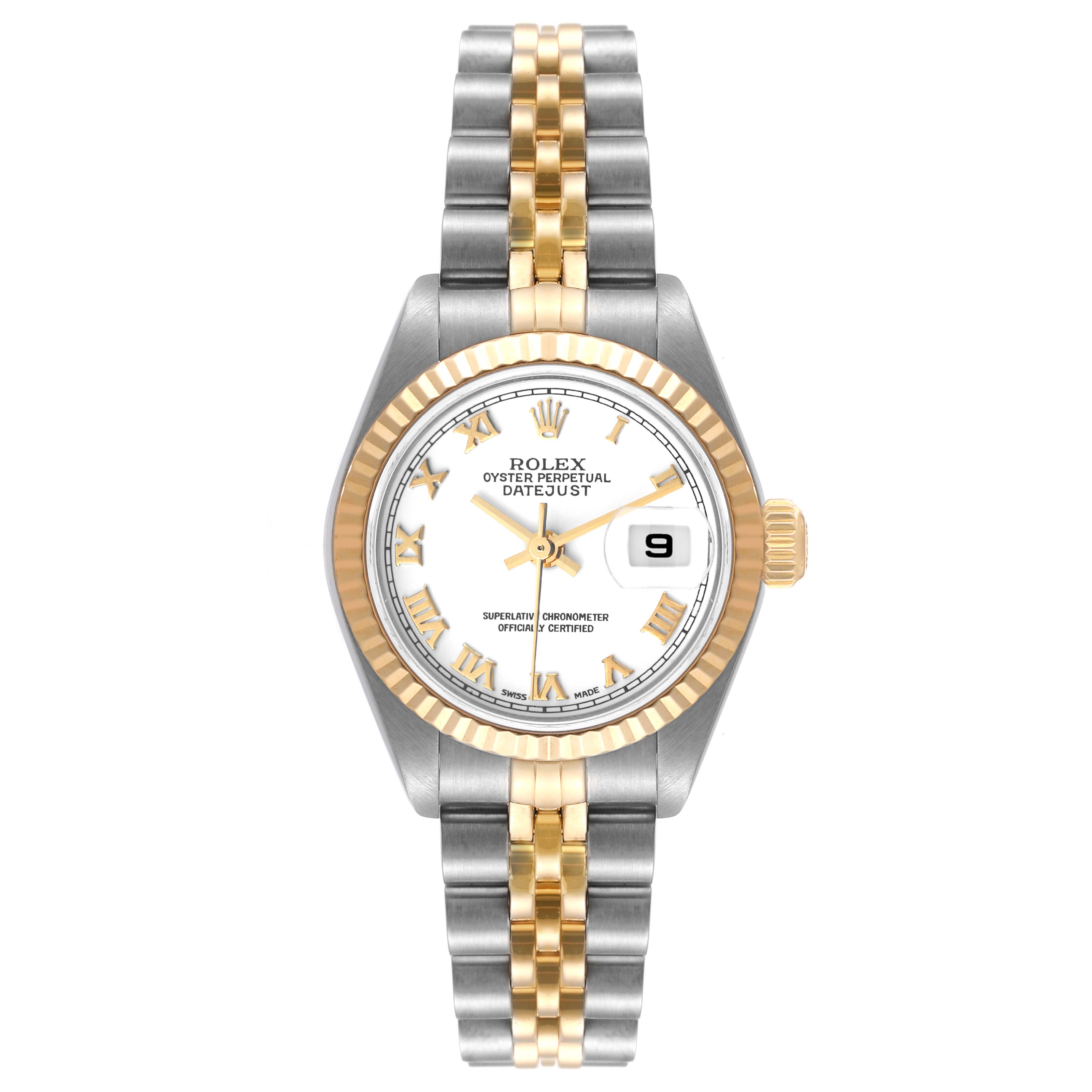 The image shows a frontal view of a Rolex Datejust 79173 Women's Steel and Gold (two tone) White Dial 79173 Women's Steel and Gold (two tone) White Dial watch, highlighting its dial, bezel, bracelet, and date window.