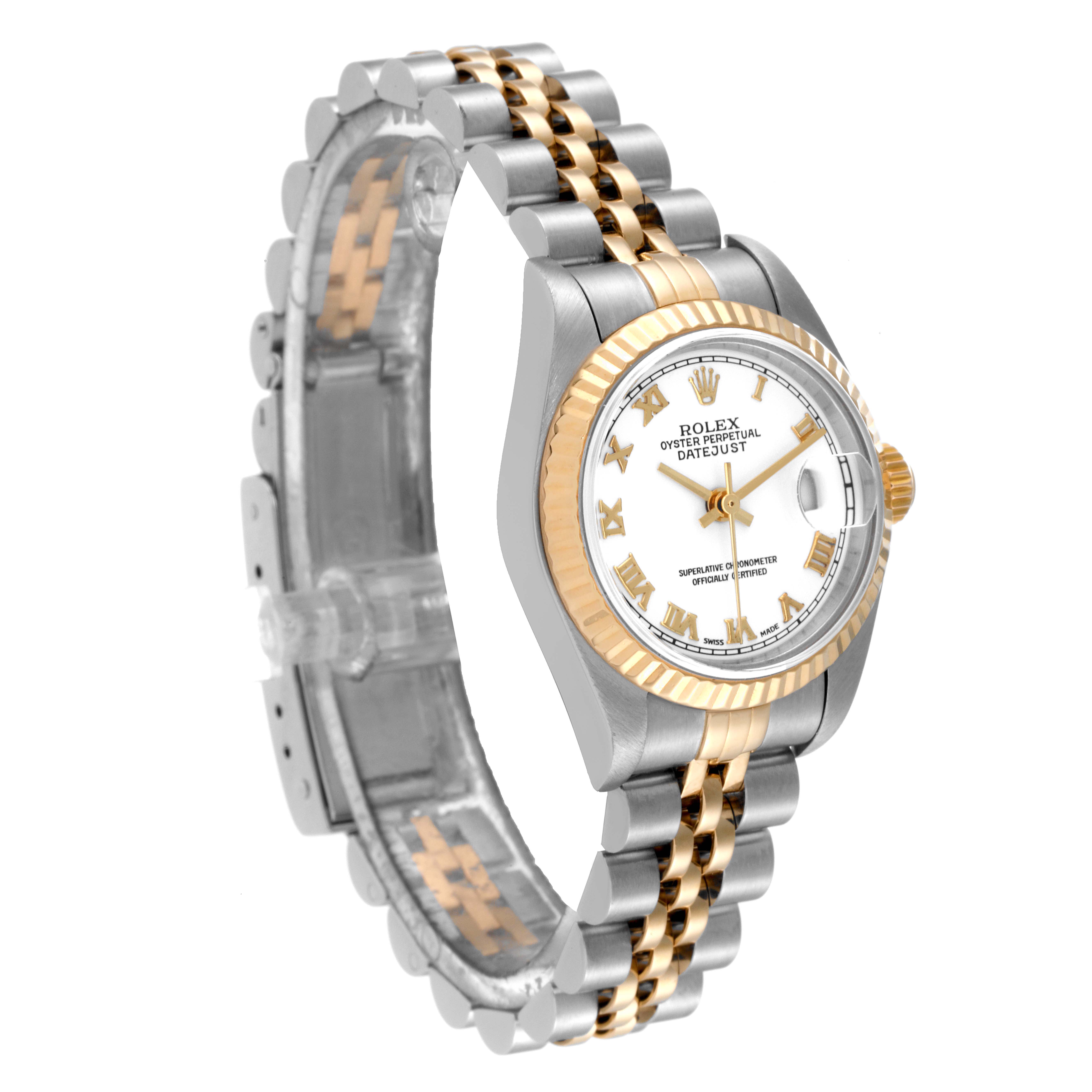 This Rolex Datejust 79173 Women's Steel and Gold (two tone) White Dial 79173 Women's Steel and Gold (two tone) White Dial watch is shown at an angled side view, highlighting its two-tone bracelet and fluted bezel.