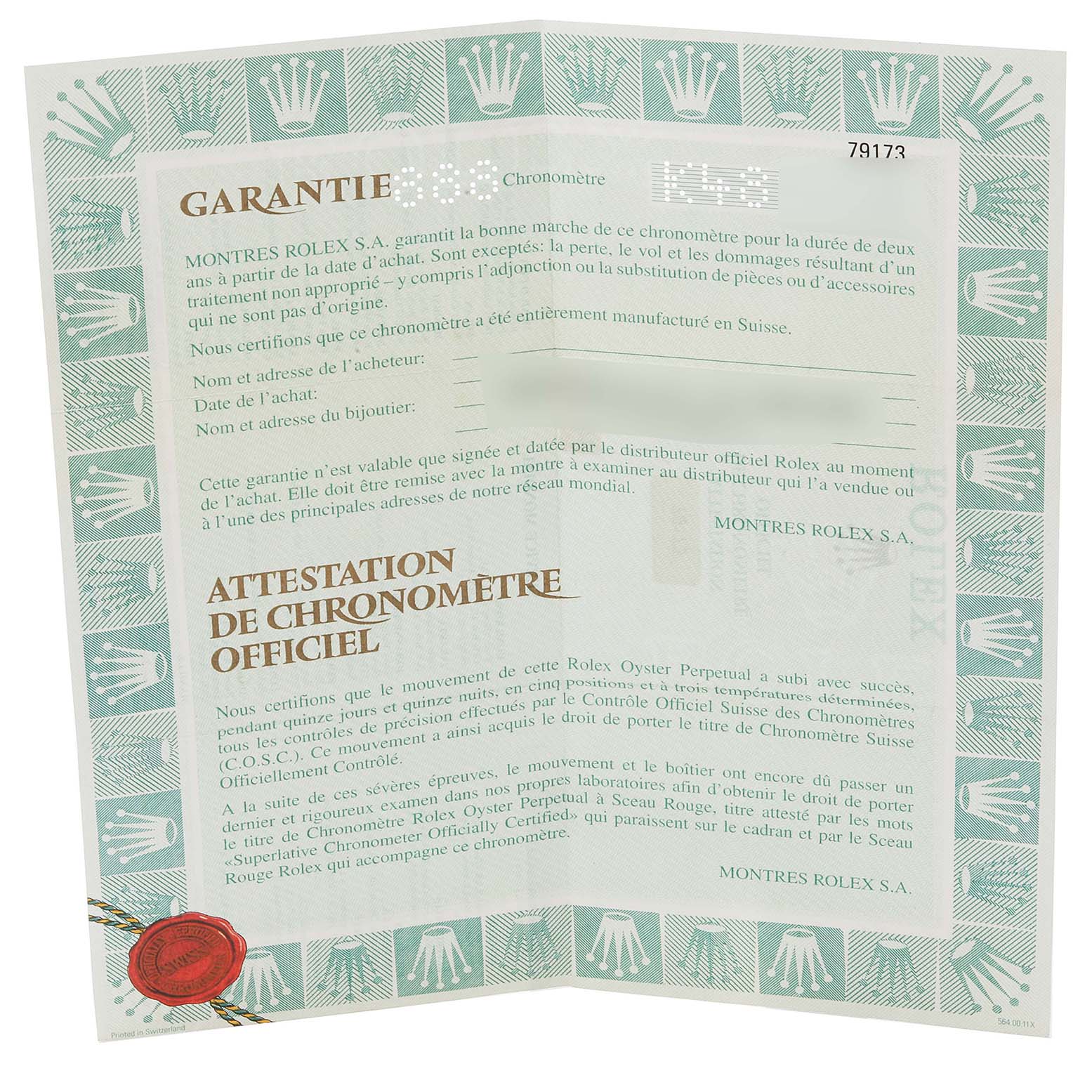 The image shows the warranty and certification document for the Rolex Datejust 79173 Women's Steel and Gold (two tone) White Dial 79173 Women's Steel and Gold (two tone) White Dial model.