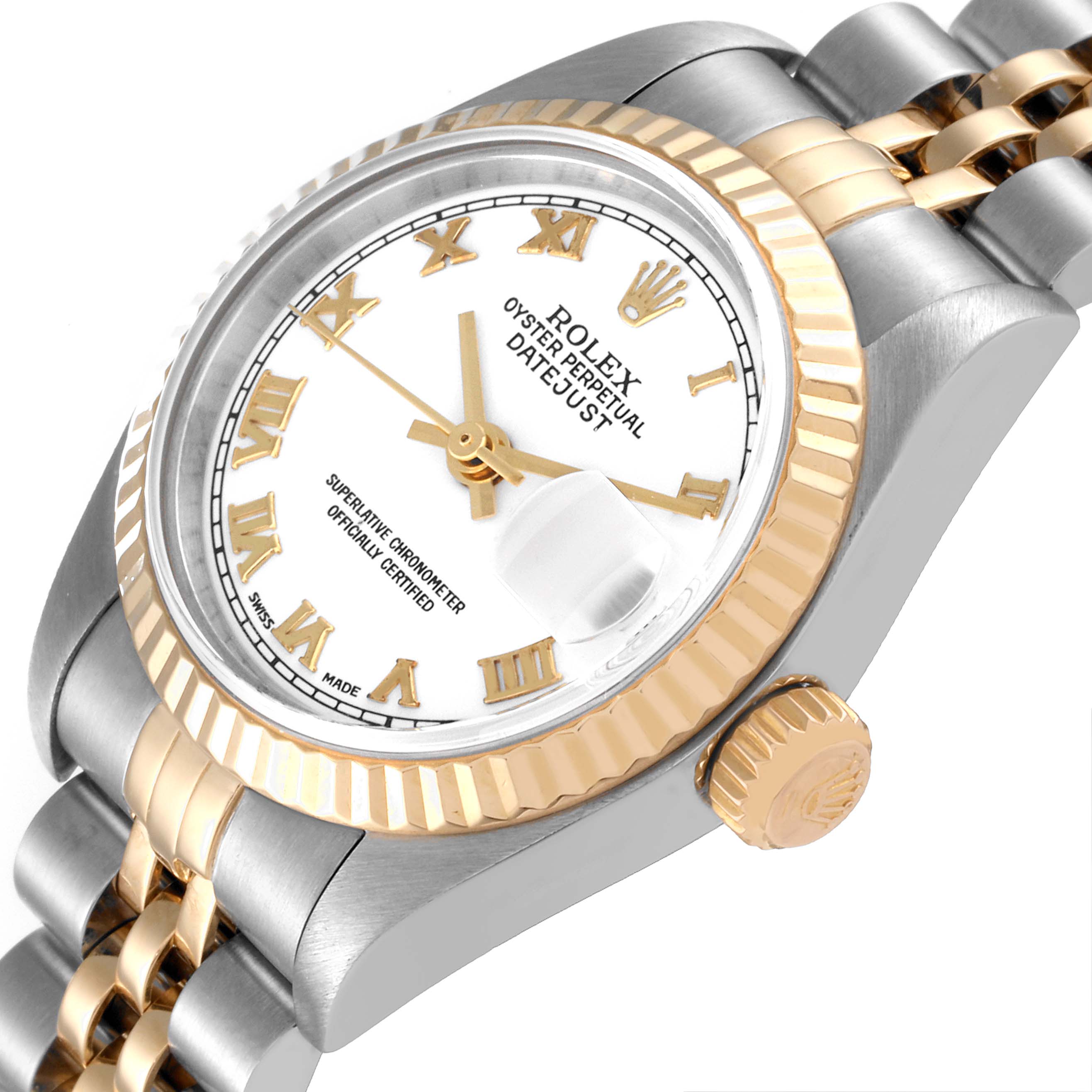 The image shows the Rolex Datejust 79173 Women's Steel and Gold (two tone) White Dial 79173 Women's Steel and Gold (two tone) White Dial watch at an angled view, highlighting the face, bezel, crown, and part of the bracelet.