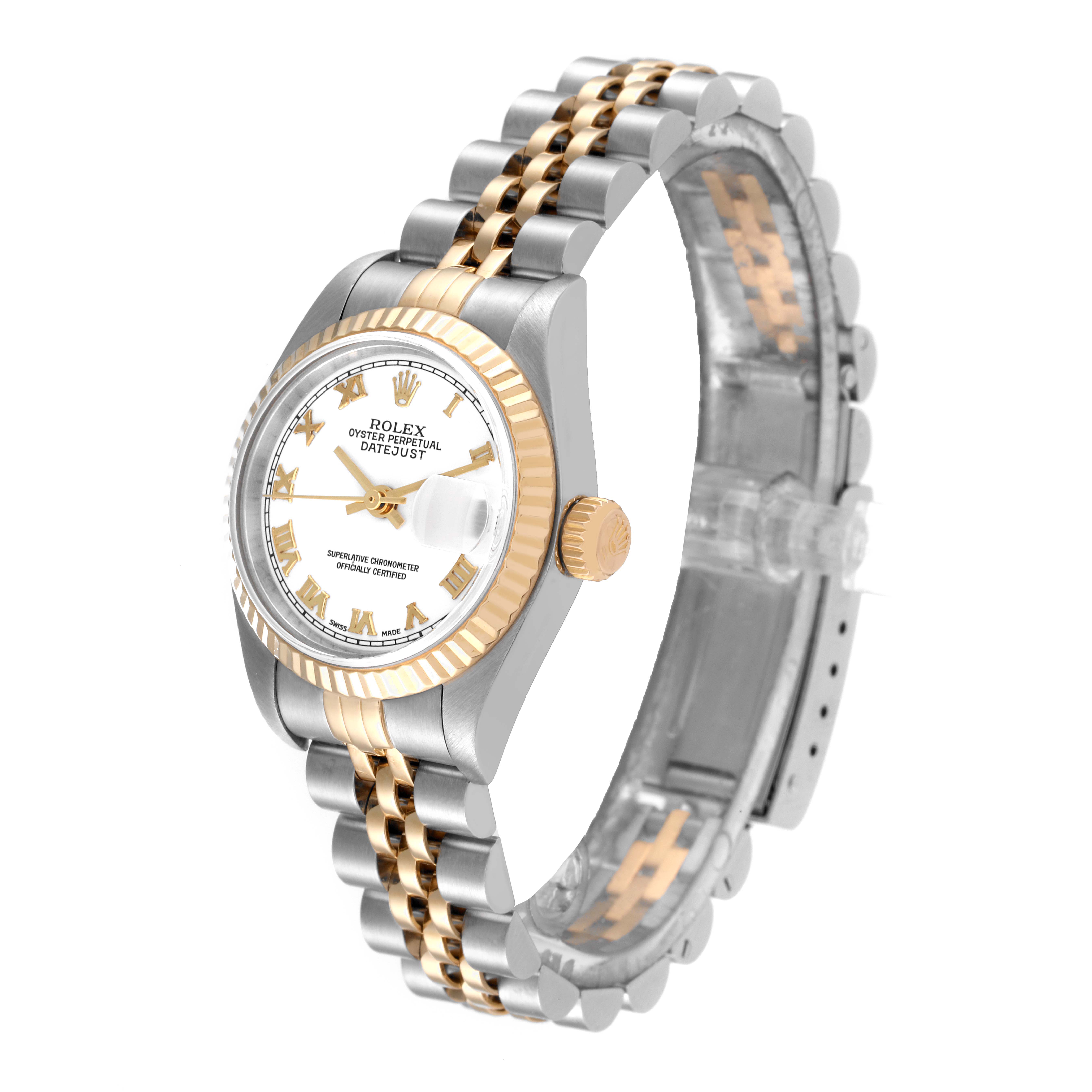 The image shows a side angle of a Rolex Datejust 79173 Women's Steel and Gold (two tone) White Dial 79173 Women's Steel and Gold (two tone) White Dial watch, highlighting its dial, bezel, crown, and two-tone bracelet.