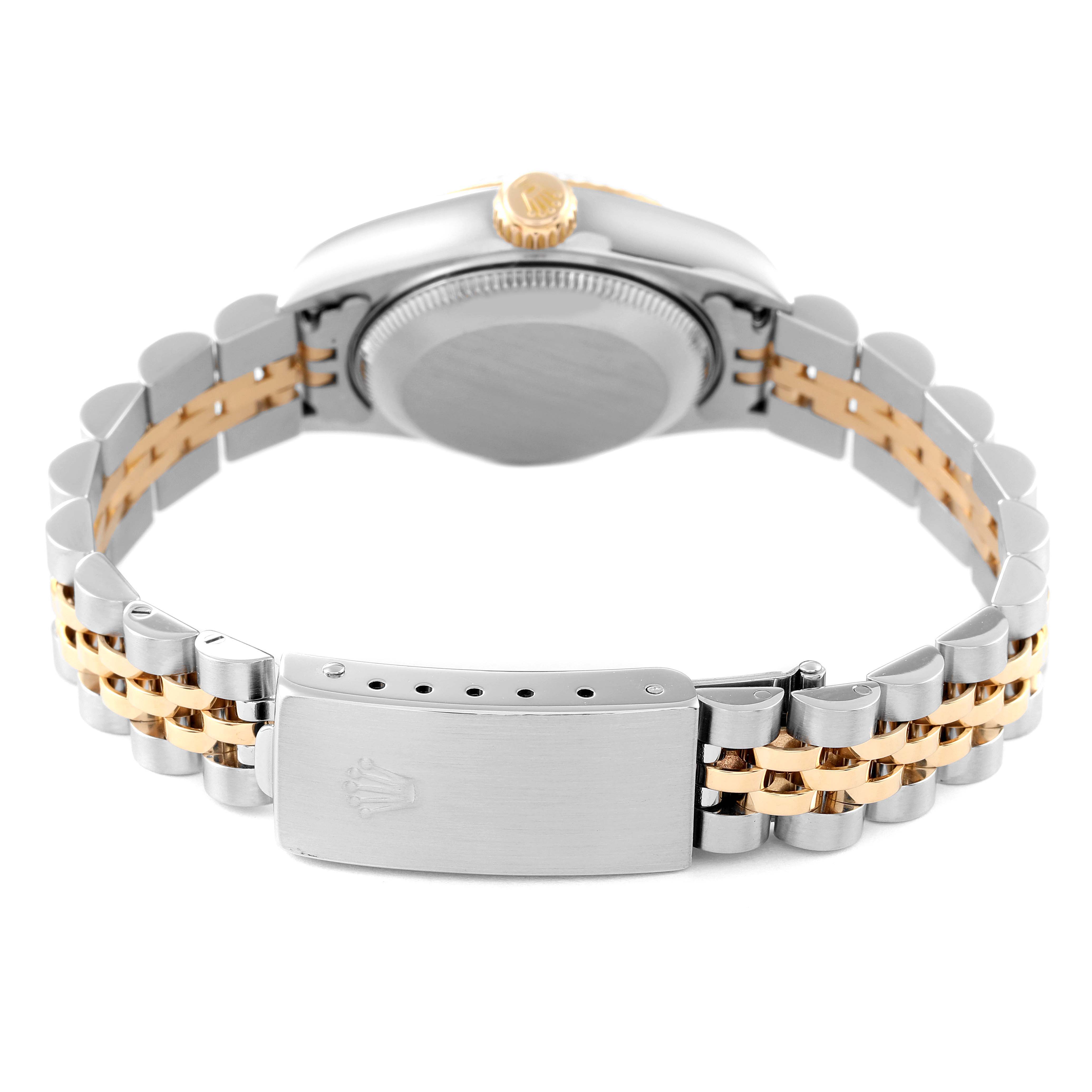 This image shows the back view of a Rolex Datejust 79173 Women's Steel and Gold (two tone) White Dial 79173 Women's Steel and Gold (two tone) White Dial watch, highlighting the case back, crown, and the two-tone bracelet with a clasp.