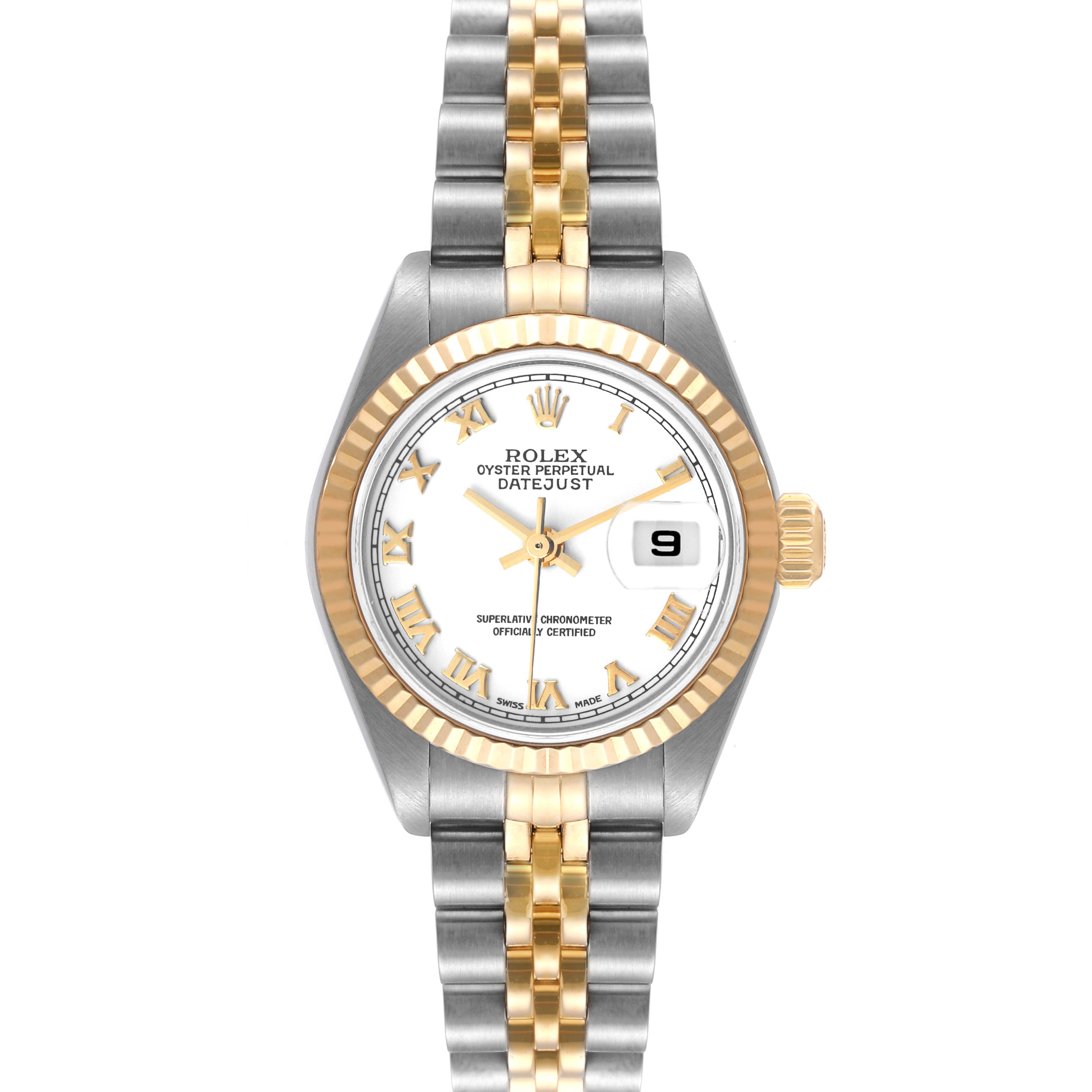 This image shows a Rolex Datejust 79173 Women's Steel and Gold (two tone) White Dial 79173 Women's Steel and Gold (two tone) White Dial watch with a jubilee bracelet, fluted bezel, and white dial, viewed from the front.
