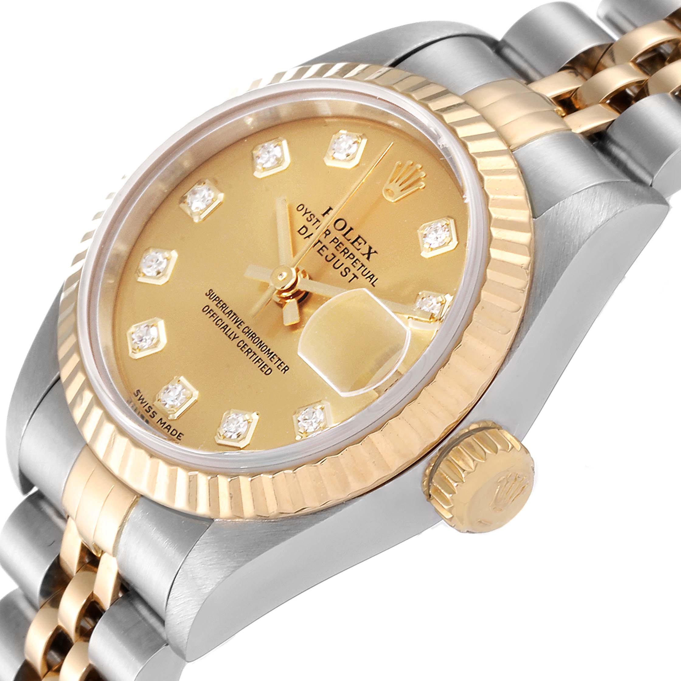 This image shows a close-up angle of a Rolex Datejust 69173 Women's Steel and Gold (two tone) Champagne Dial 69173 Women's Steel and Gold (two tone) Champagne Dial watch focusing on the dial, bezel, and part of the bracelet.