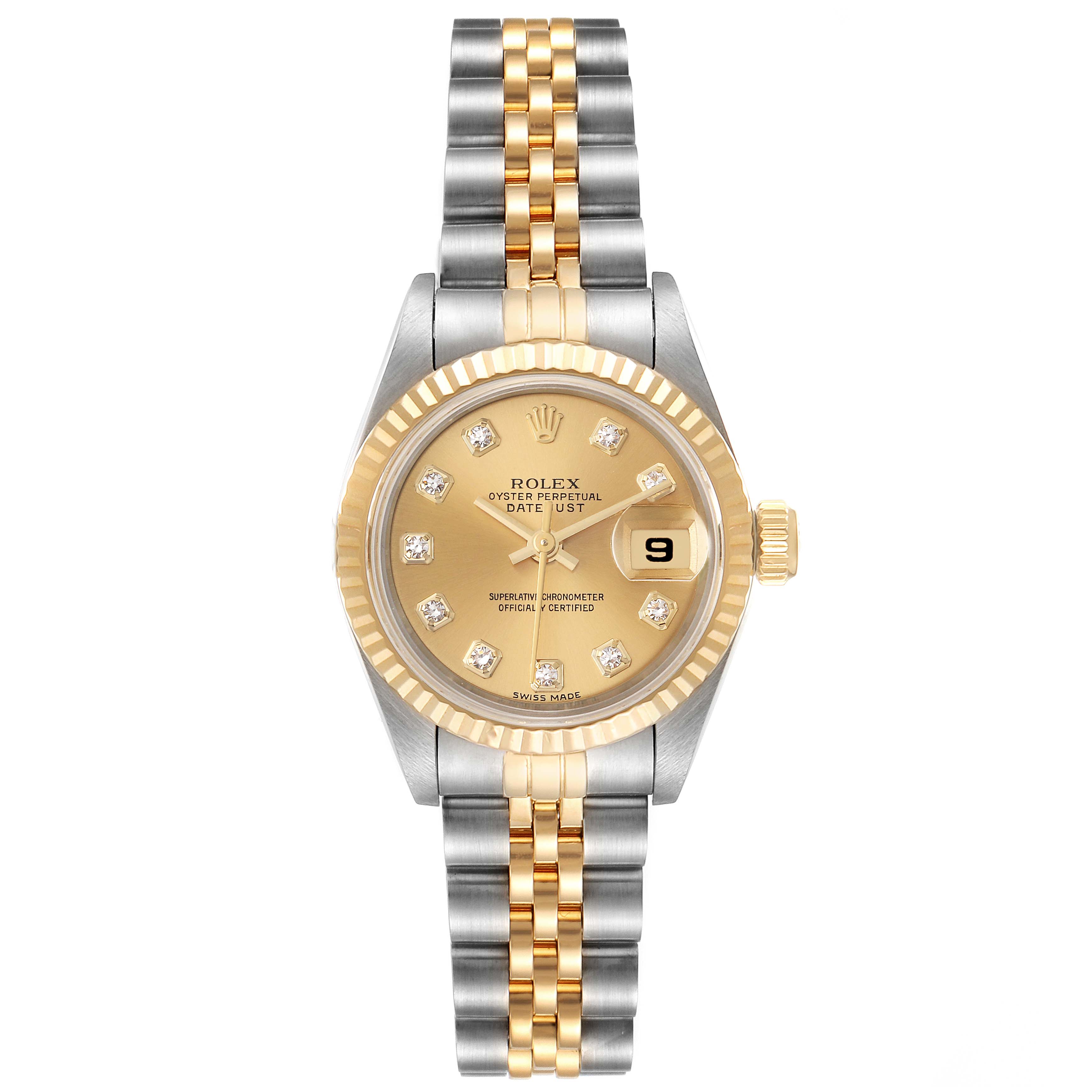 This image shows a front view of the Rolex Datejust 69173 Women's Steel and Gold (two tone) Champagne Dial 69173 Women's Steel and Gold (two tone) Champagne Dial watch, featuring its dial, bezel, and bracelet.