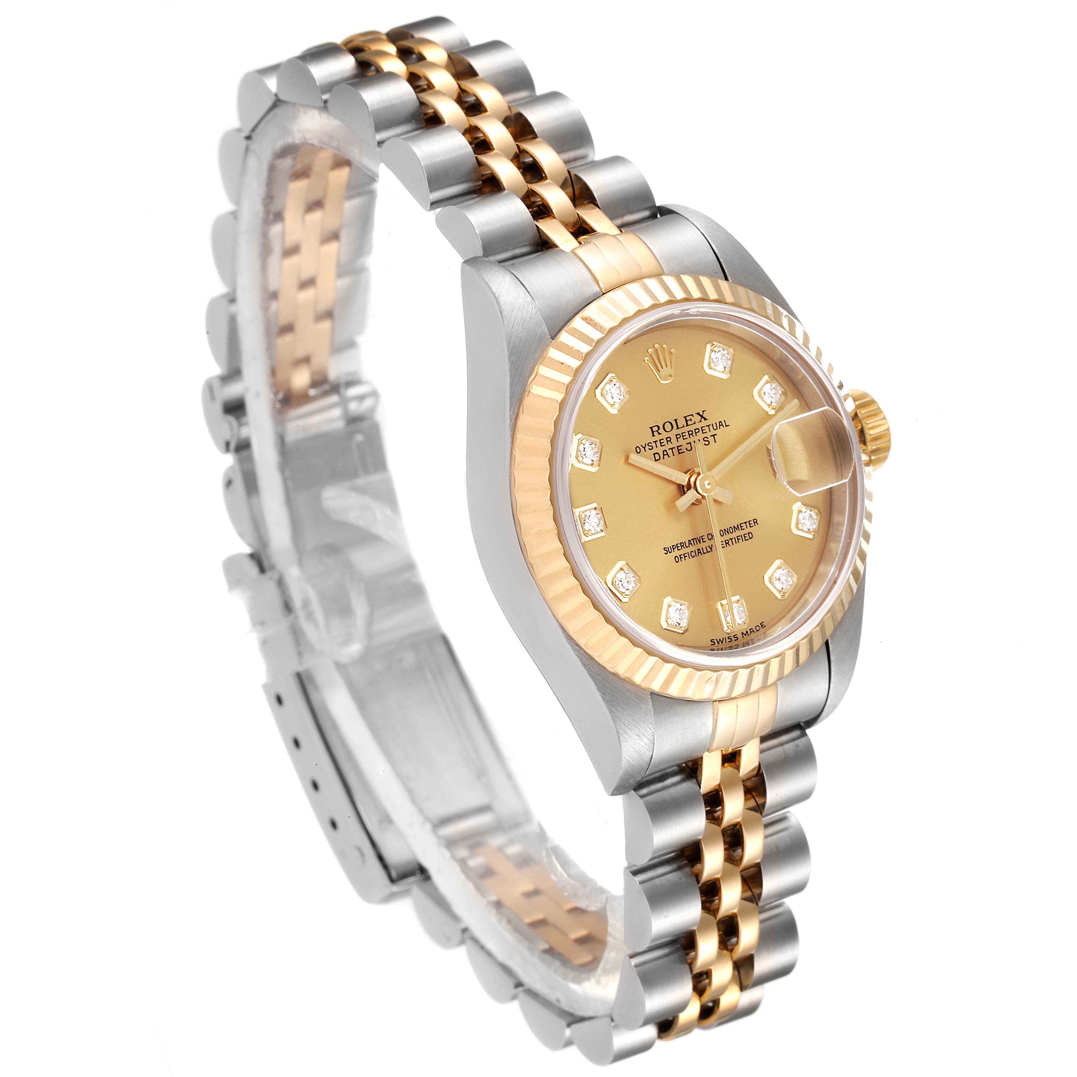 The image shows the Rolex Datejust 69173 Women's Steel and Gold (two tone) Champagne Dial 69173 Women's Steel and Gold (two tone) Champagne Dial watch at a slight angle, displaying the face, bezel, and bracelet.