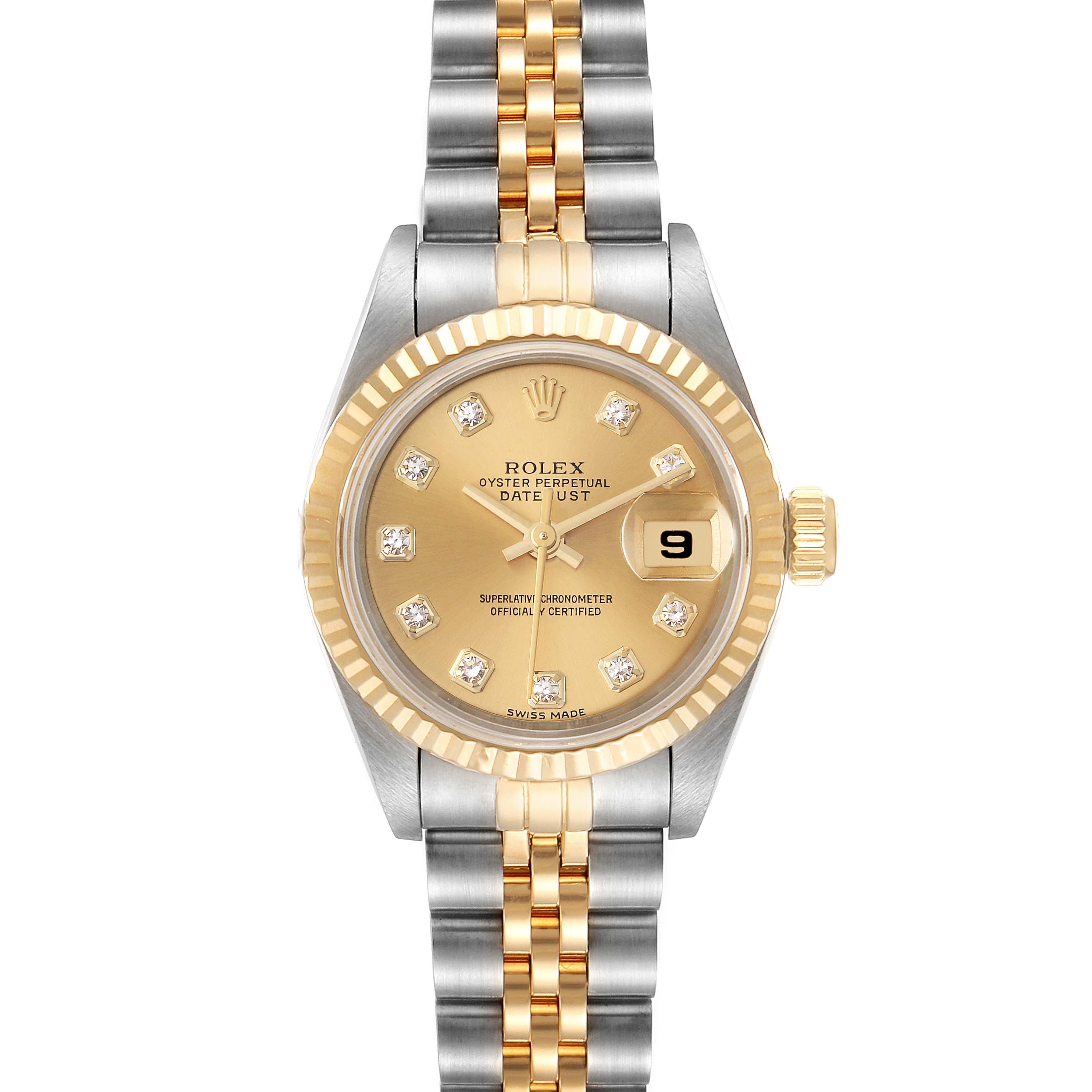 This image shows a frontal view of the Rolex Datejust 69173 Women's Steel and Gold (two tone) Champagne Dial 69173 Women's Steel and Gold (two tone) Champagne Dial, highlighting its dial, bezel, and Jubilee bracelet.