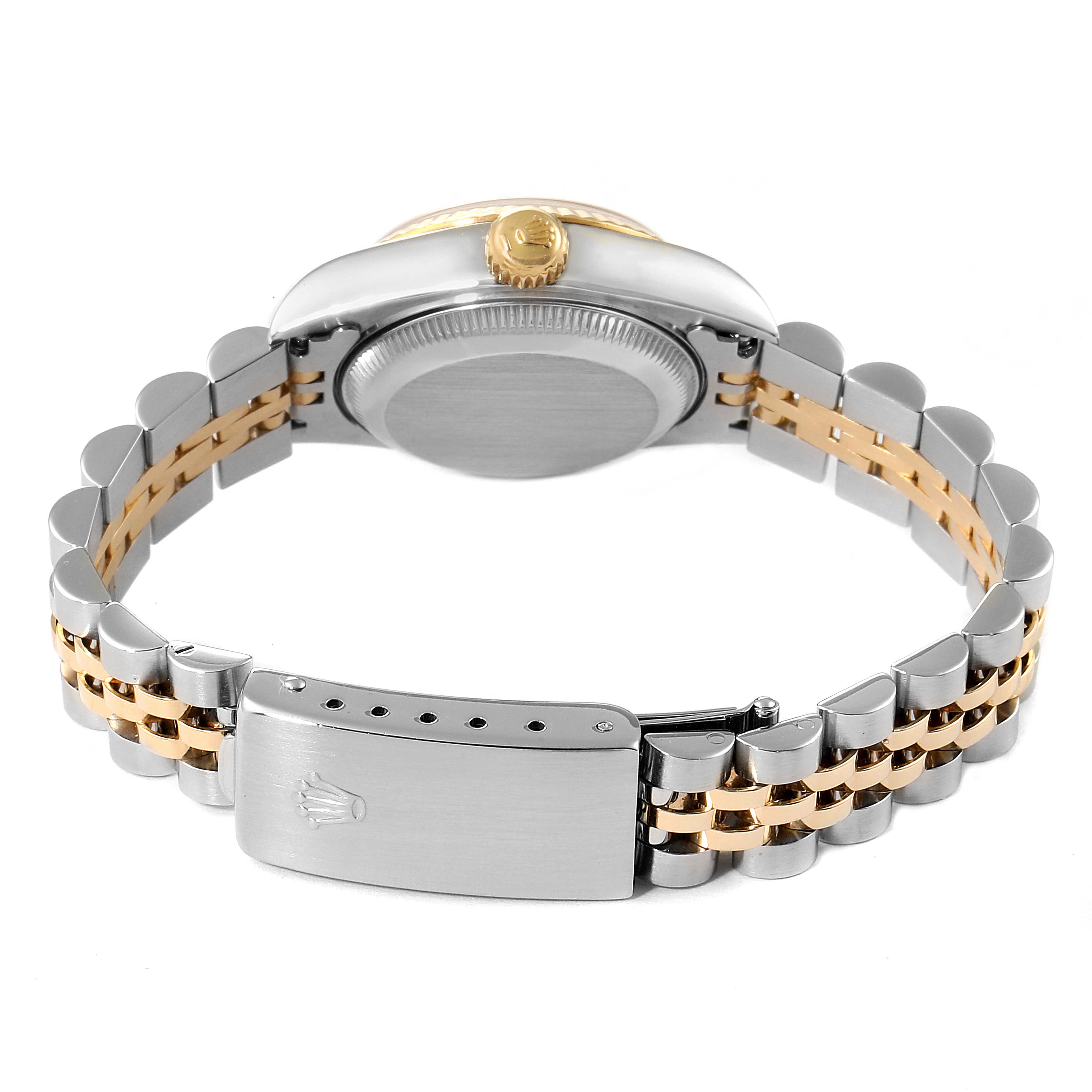 The image shows the back side and clasp of a Rolex Datejust 69173 Women's Steel and Gold (two tone) Champagne Dial 69173 Women's Steel and Gold (two tone) Champagne Dial watch, featuring a two-tone band.
