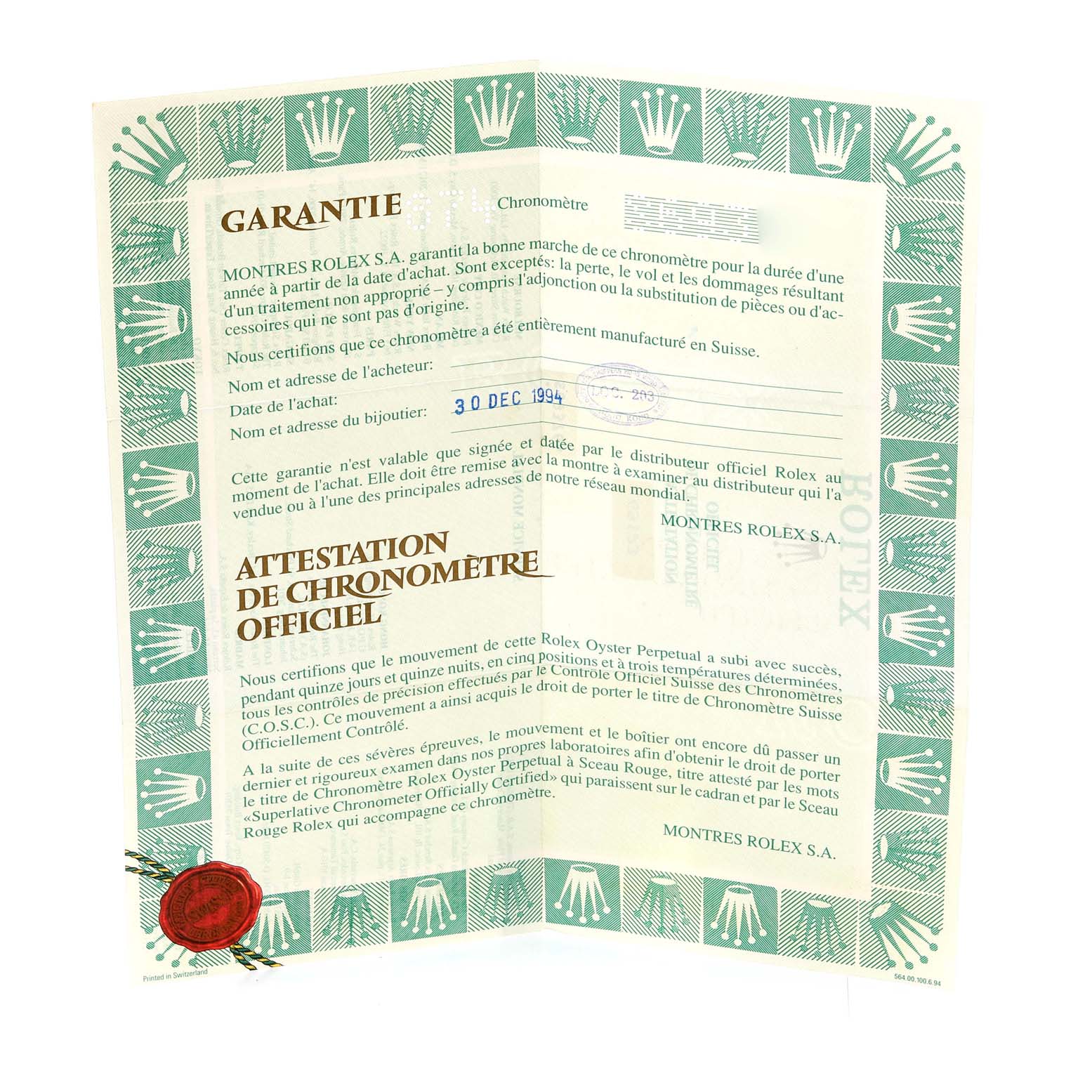 The image shows warranty and chronometer certificates for the Rolex Datejust 69173 Women's Steel and Gold (two tone) Champagne Dial 69173 Women's Steel and Gold (two tone) Champagne Dial model.