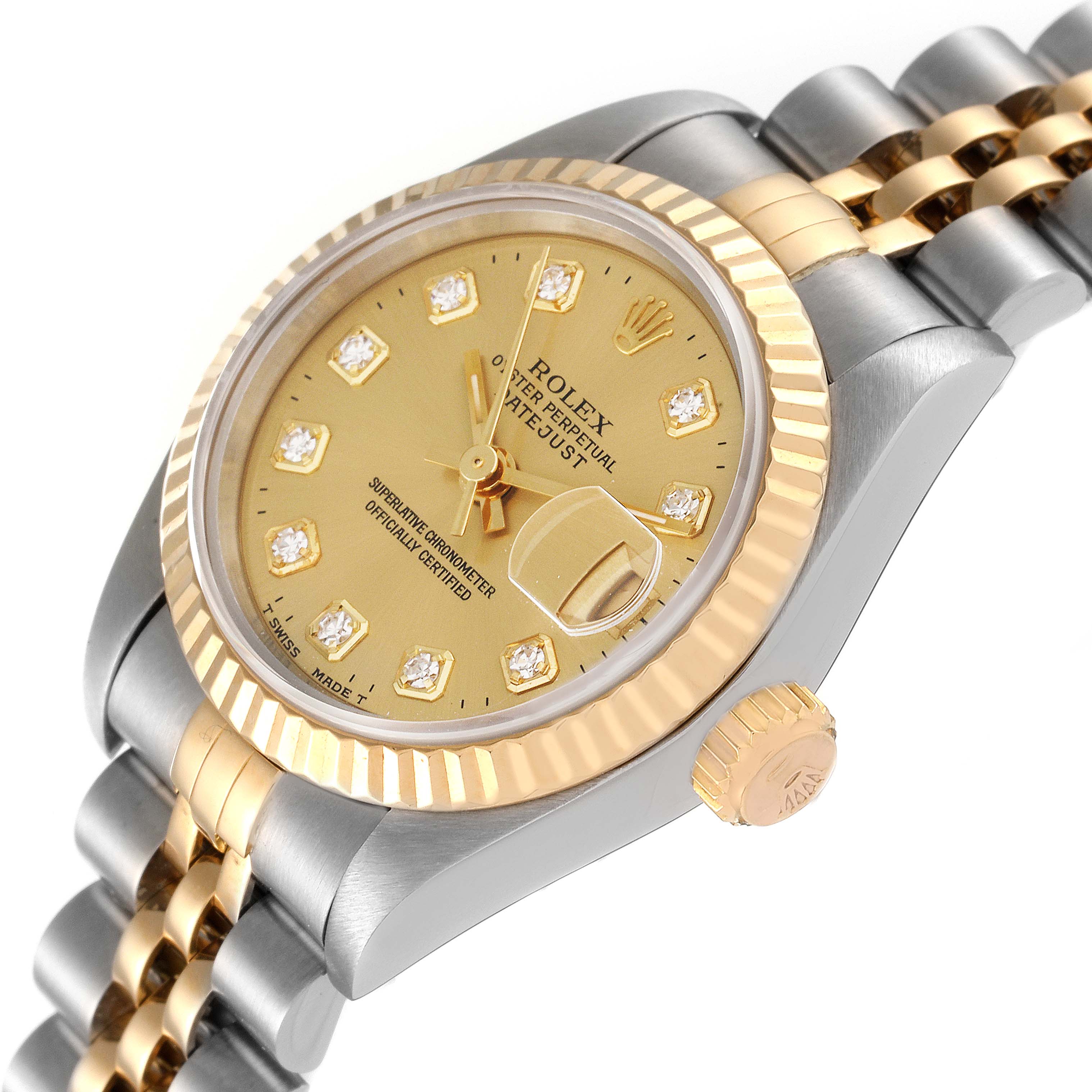 This image shows a Rolex Datejust 69173 Women's Steel and Gold (two tone) Champagne Dial 69173 Women's Steel and Gold (two tone) Champagne Dial watch from an angle emphasizing the dial, crown, bezel, and part of the jubilee bracelet.