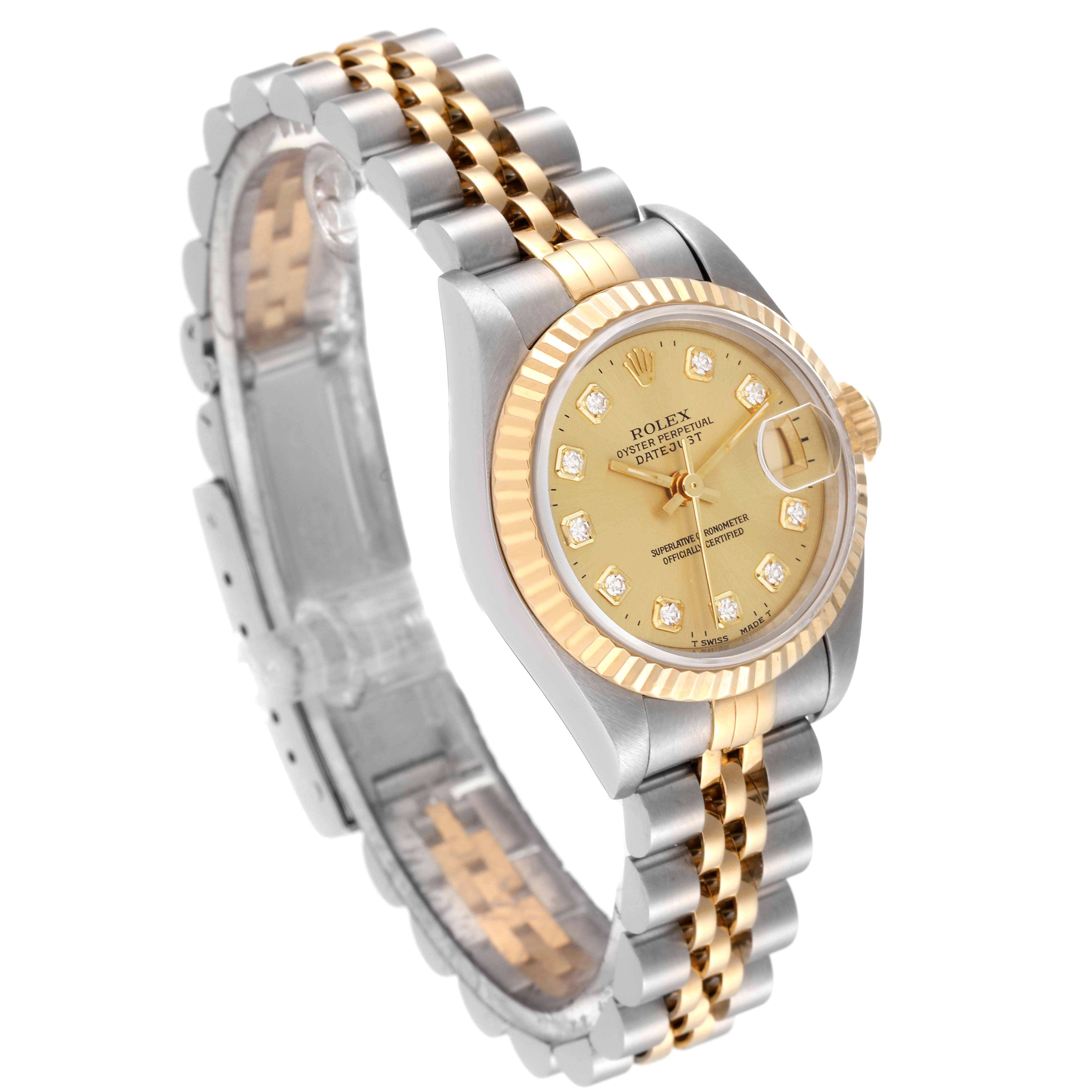 The image shows a Rolex Datejust 69173 Women's Steel and Gold (two tone) Champagne Dial 69173 Women's Steel and Gold (two tone) Champagne Dial watch at a three-quarter angle, highlighting its jubilee bracelet, fluted bezel, and champagne dial.