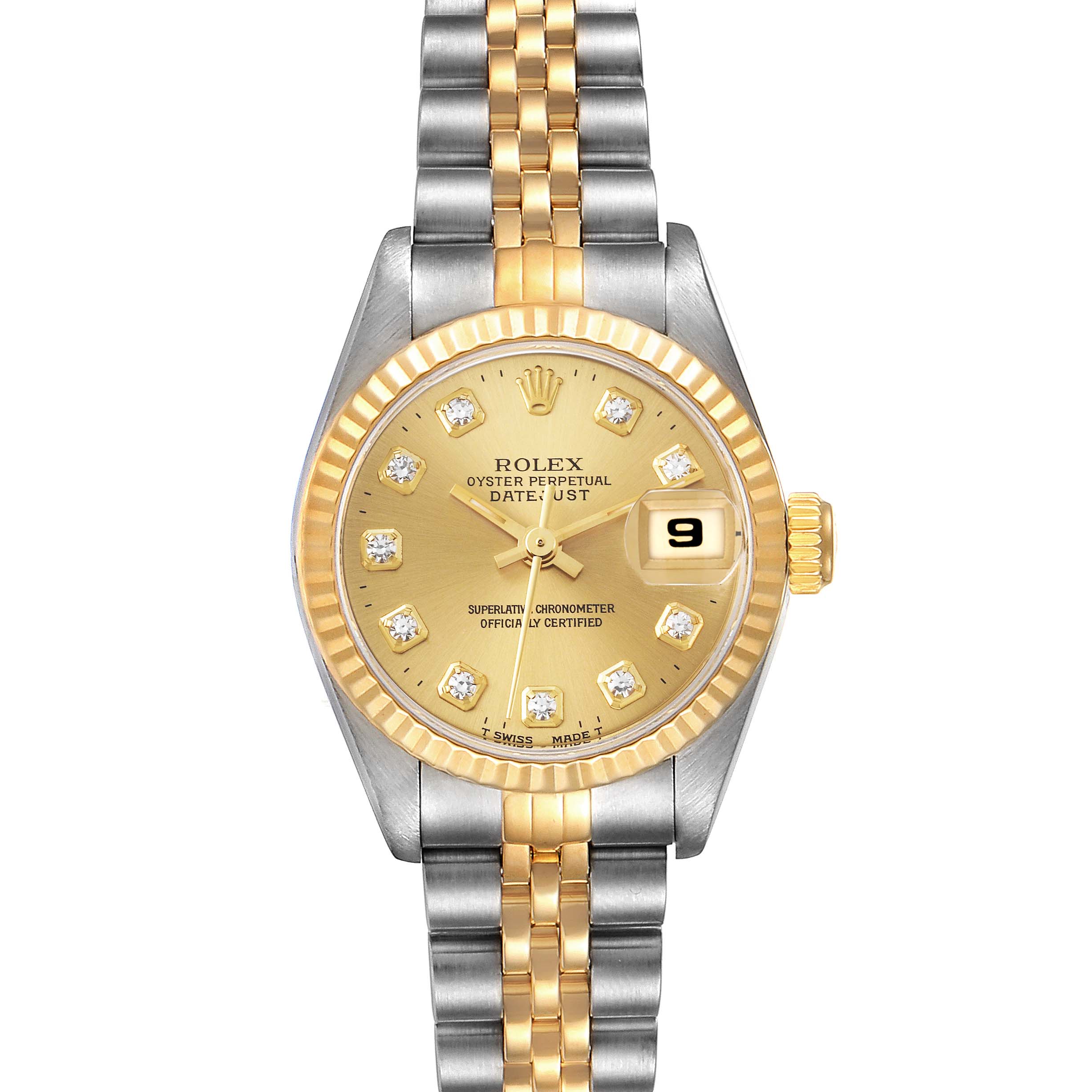 This image shows a Rolex Datejust 69173 Women's Steel and Gold (two tone) Champagne Dial 69173 Women's Steel and Gold (two tone) Champagne Dial watch from a top-down angle, highlighting its gold dial, diamond markers, and two-tone bracelet.
