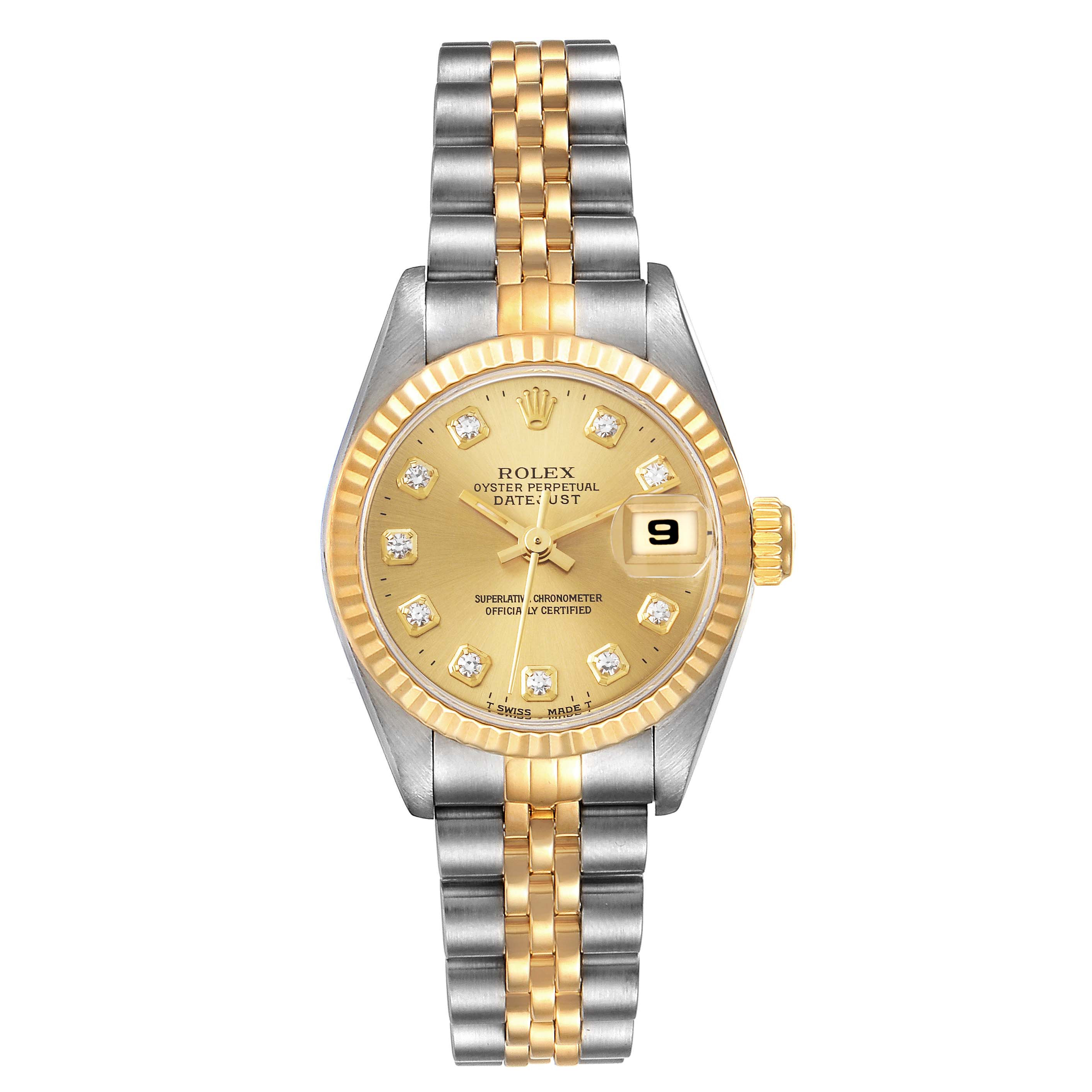 This image shows a front view of a Rolex Datejust 69173 Women's Steel and Gold (two tone) Champagne Dial 69173 Women's Steel and Gold (two tone) Champagne Dial watch, featuring a gold dial, two-tone bracelet, and date magnifier.