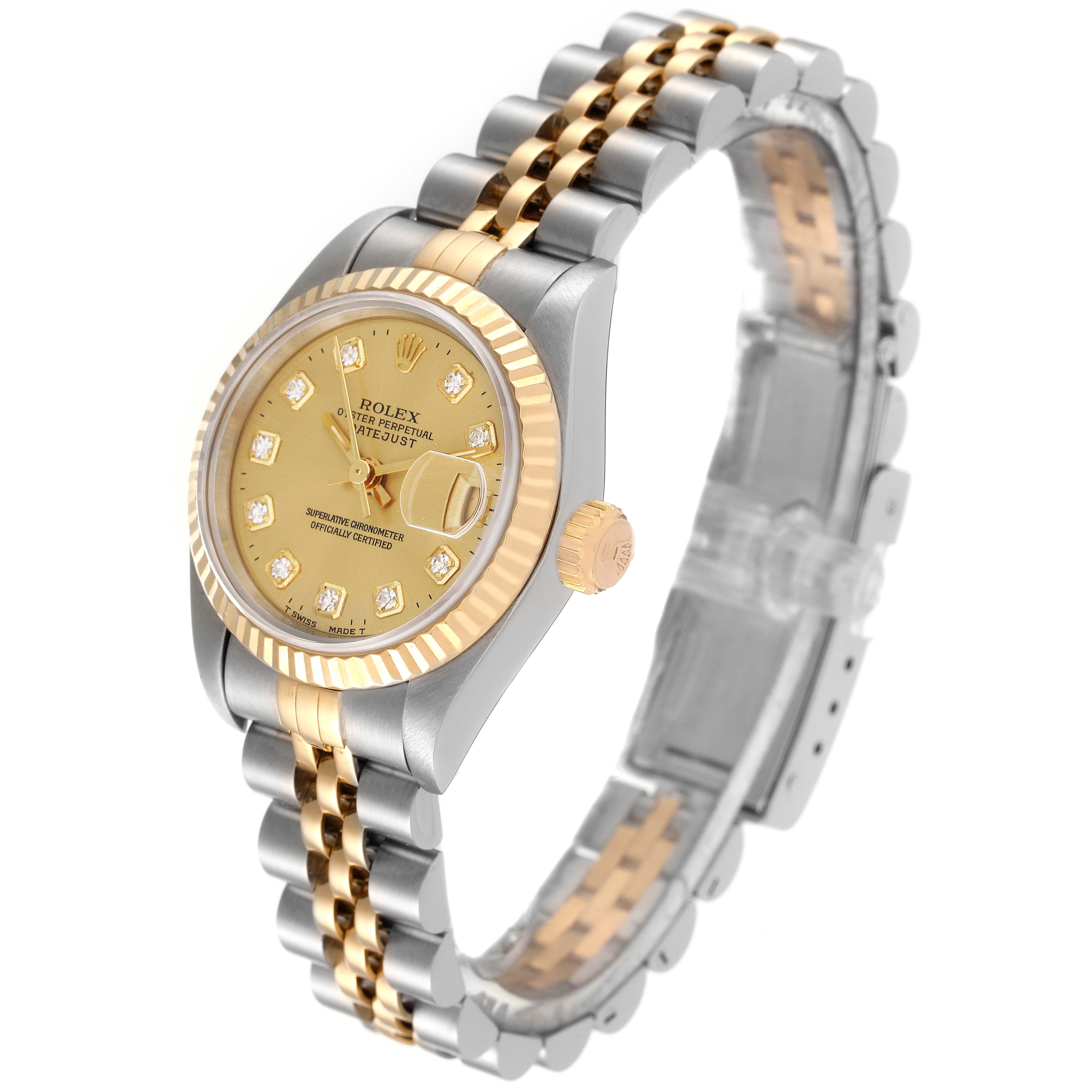 This Rolex Datejust 69173 Women's Steel and Gold (two tone) Champagne Dial 69173 Women's Steel and Gold (two tone) Champagne Dial watch is shown at a three-quarter angle, highlighting its gold dial, fluted bezel, and two-tone Jubilee bracelet.