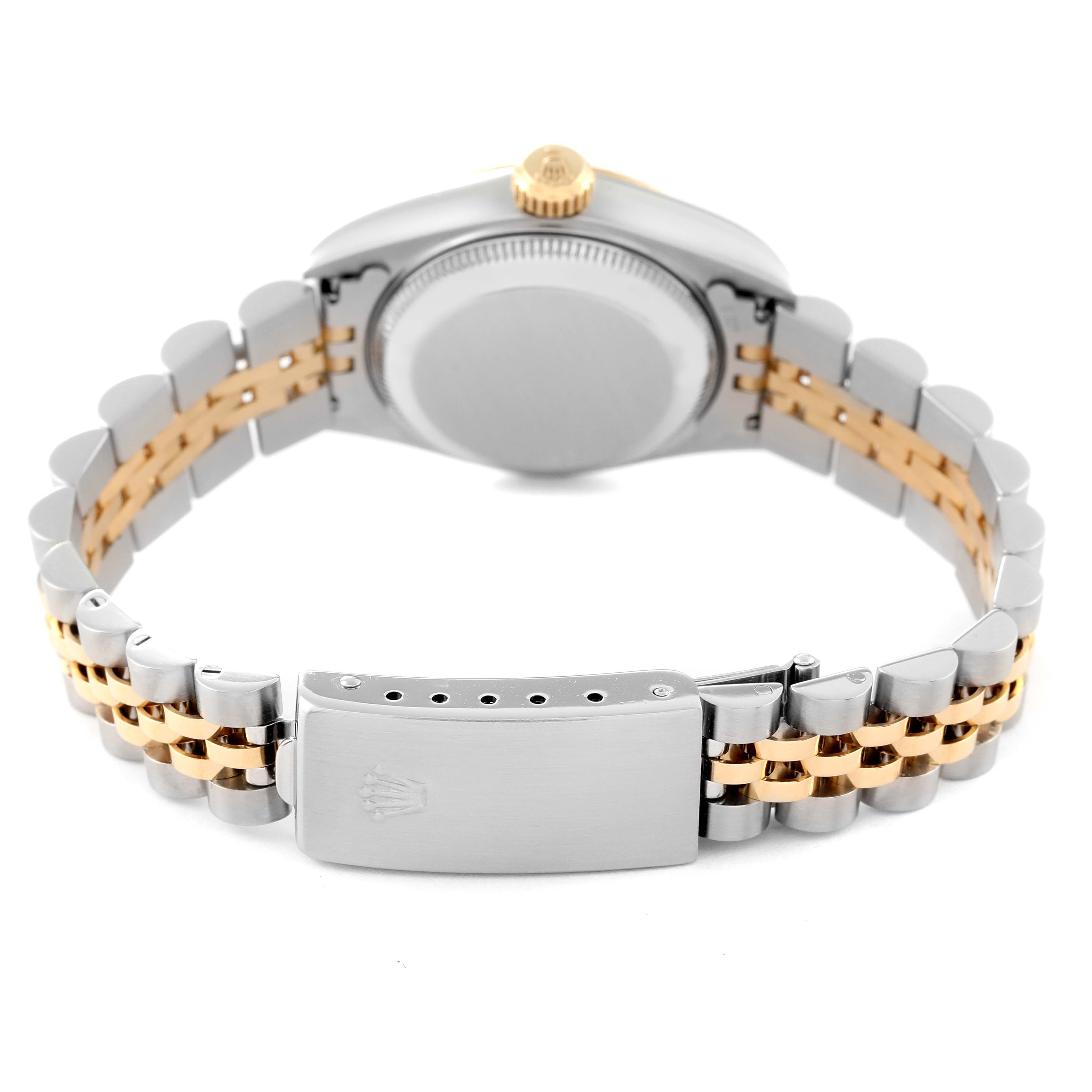 The image shows the back side of a Rolex Datejust 69173 Women's Steel and Gold (two tone) Champagne Dial 69173 Women's Steel and Gold (two tone) Champagne Dial watch, focusing on the closed clasp and jubilee bracelet.