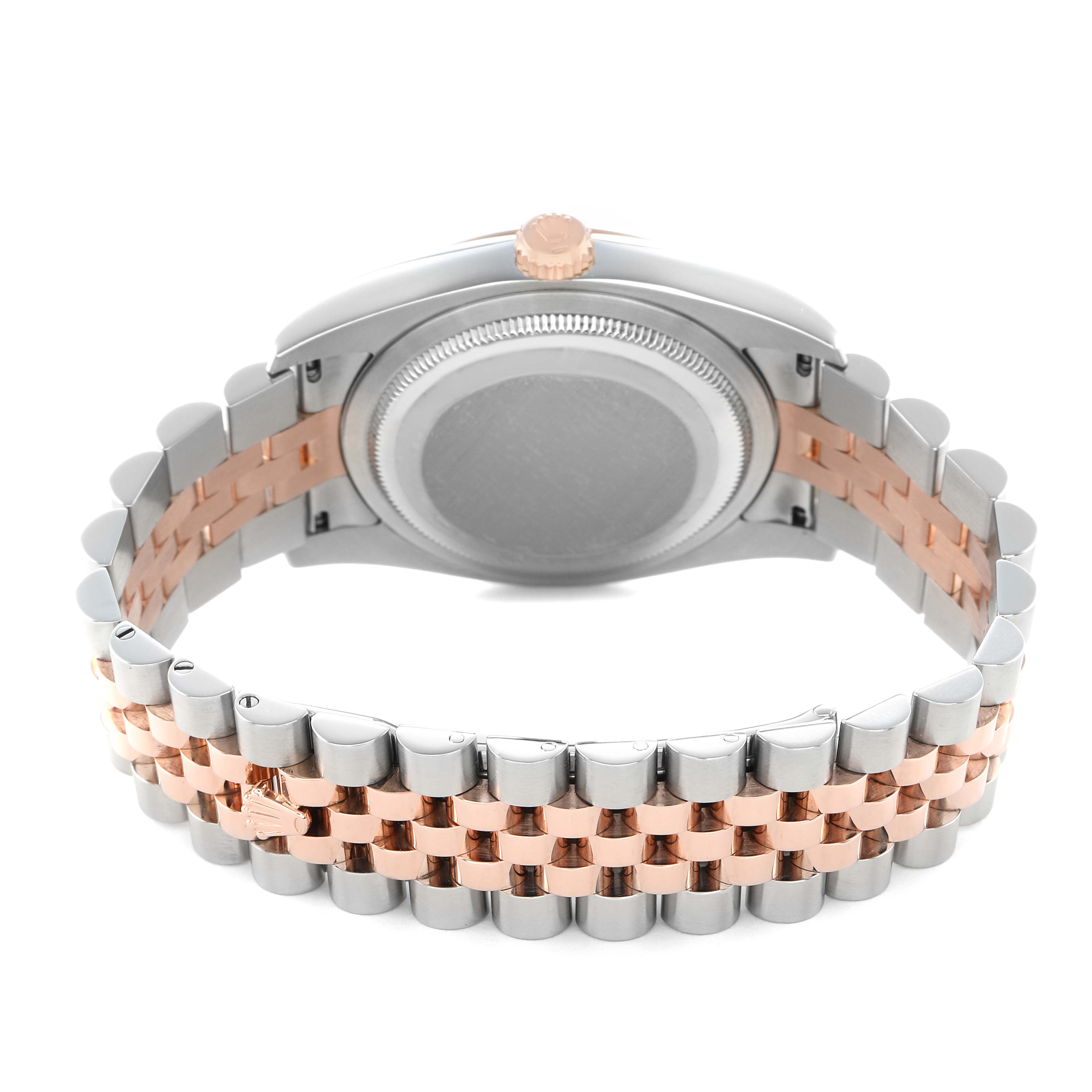 The image shows the back and bracelet of a Rolex Datejust 116231 Men's Steel and Gold (two tone) Silver Dial, highlighting the two-tone Jubilee bracelet and caseback.